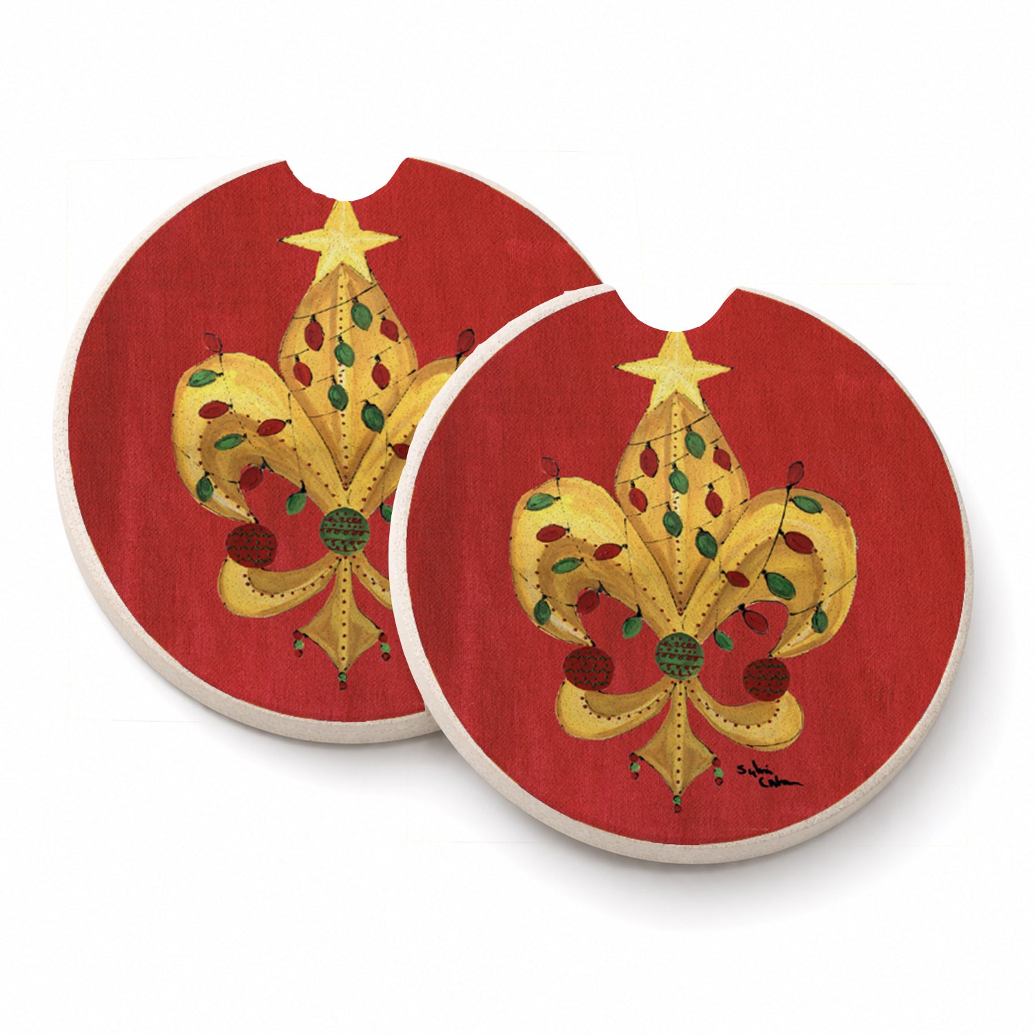 Christmas Tree Fleur de lis with lights Set of 2 Cup Holder Car Coasters Absorbent Round Sandstone Coasters Gifts for Men or Women, 2.5, Multicolor