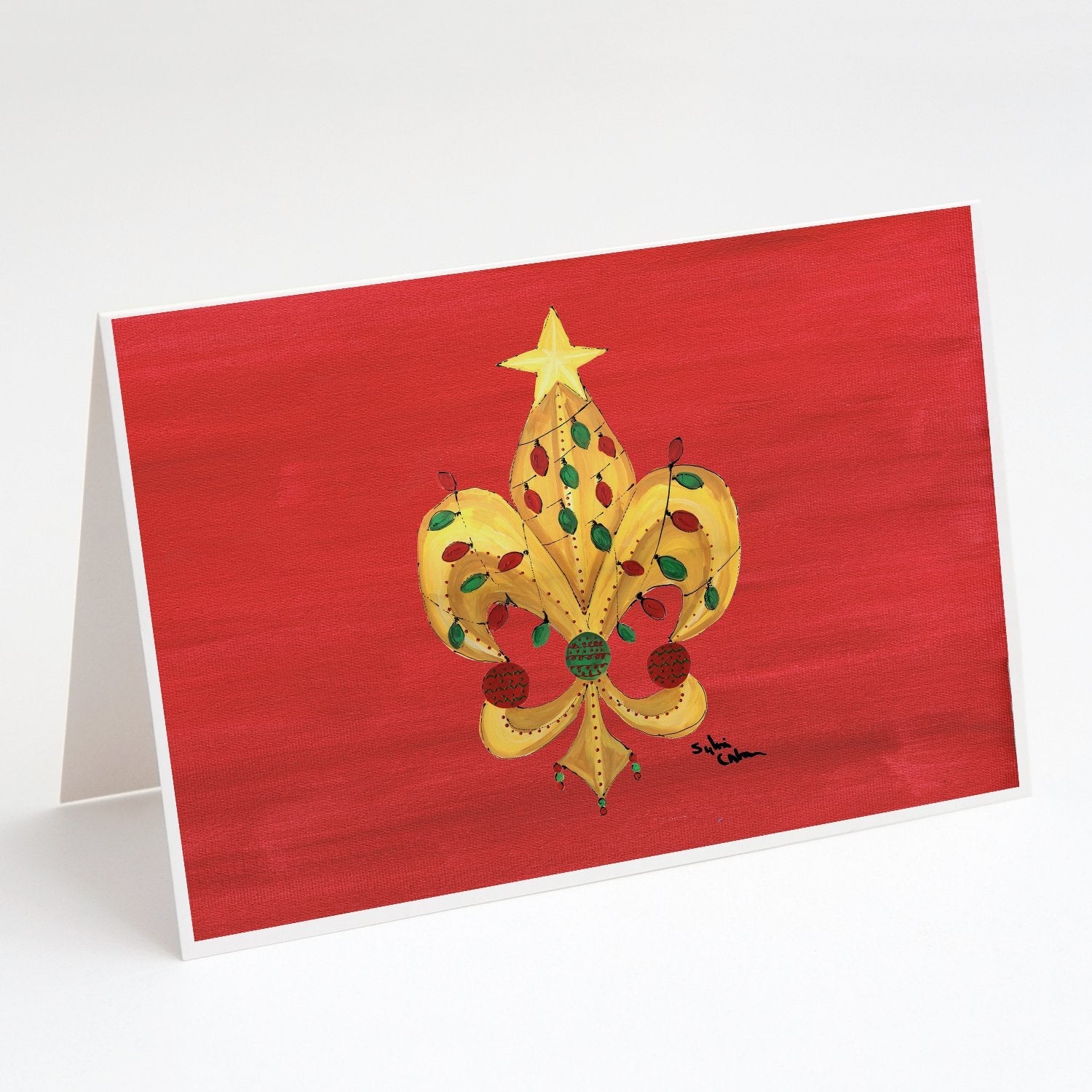 Christmas Tree Fleur de lis with lights Greeting Cards Pack of 8 Blank Cards with Envelopes Whimsical A7 Size 5x7