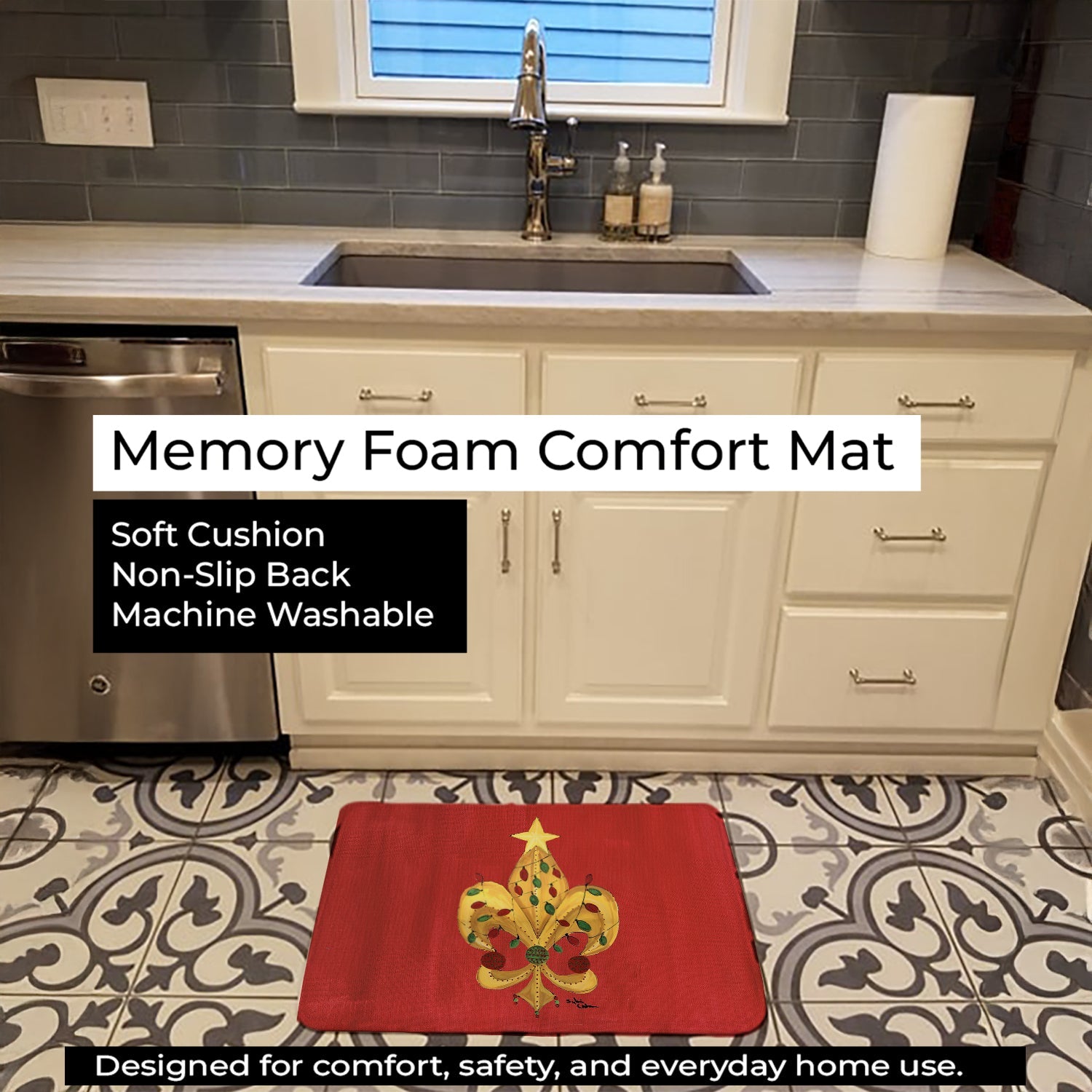 Christmas Tree Fleur de lis with lights Memory Foam Kitchen Mat Machine Washable Anti-Fatigue Cushion Comfort Bath or Kitchen Rug