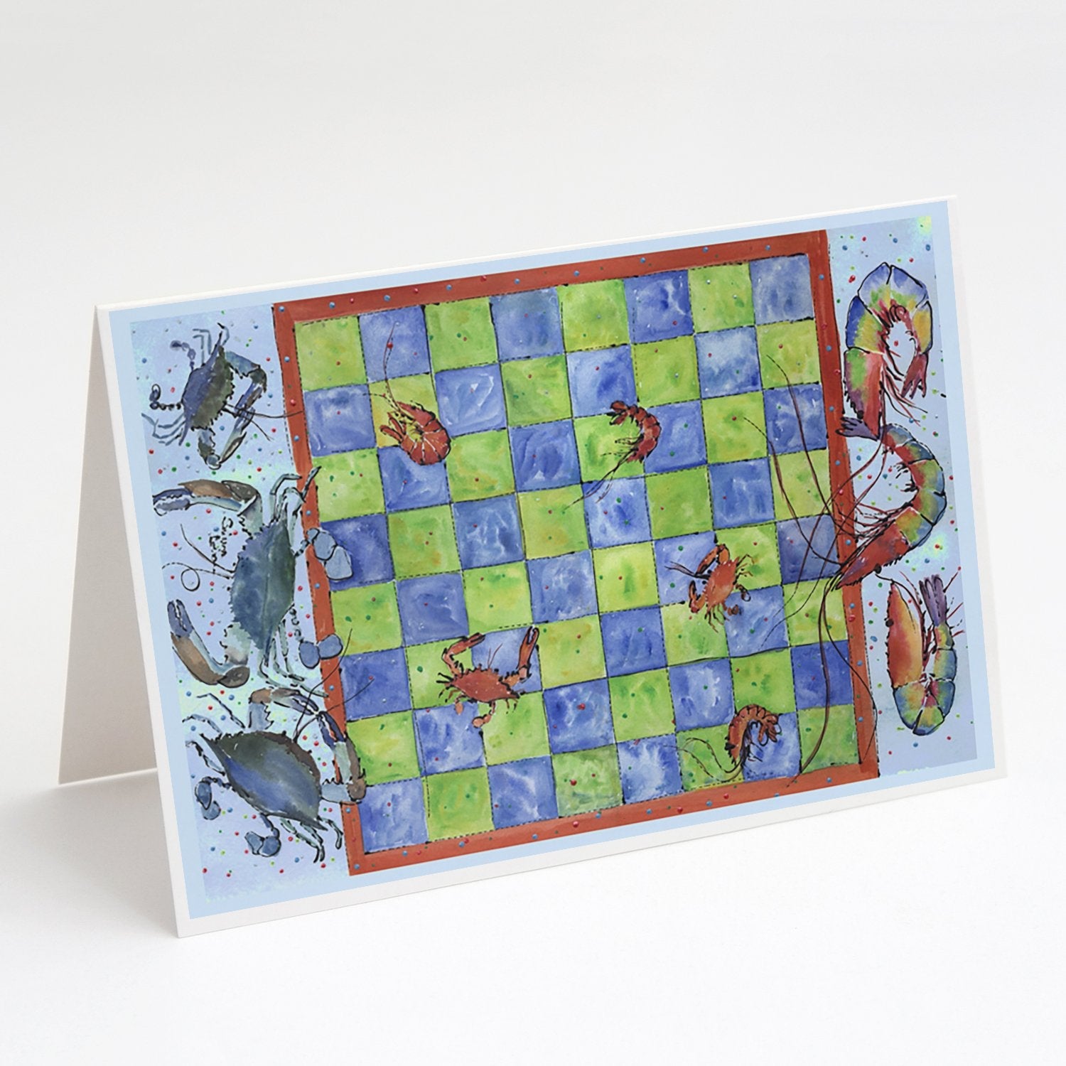 Crab and Shrimp Checkerboard Greeting Cards Pack of 8 Blank Cards with Envelopes Whimsical A7 Size 5x7
