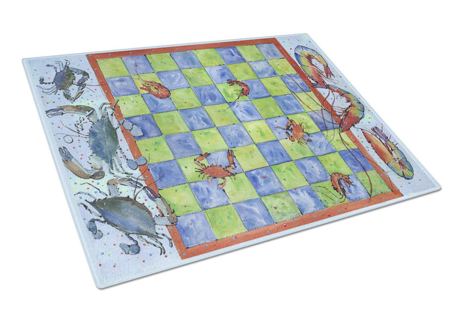 Crab and Shrimp Checkerboard Cutting Board Tempered Glass Kitchen Cutting Surface, Heat Resistant Chopping, Non-Slip Feet, Food Prep & Serving