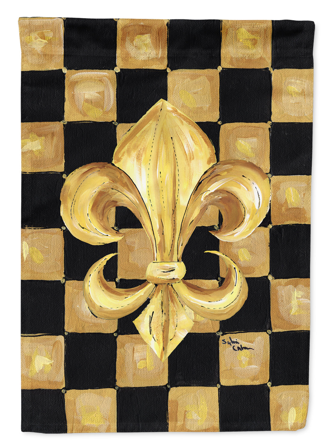 Black Gold Checkered Flag Fleur de lis House Flag 28x40 Porch Sleeve Pole Decorative Outside Yard Banner Artwork Wall Hanging, Polyester