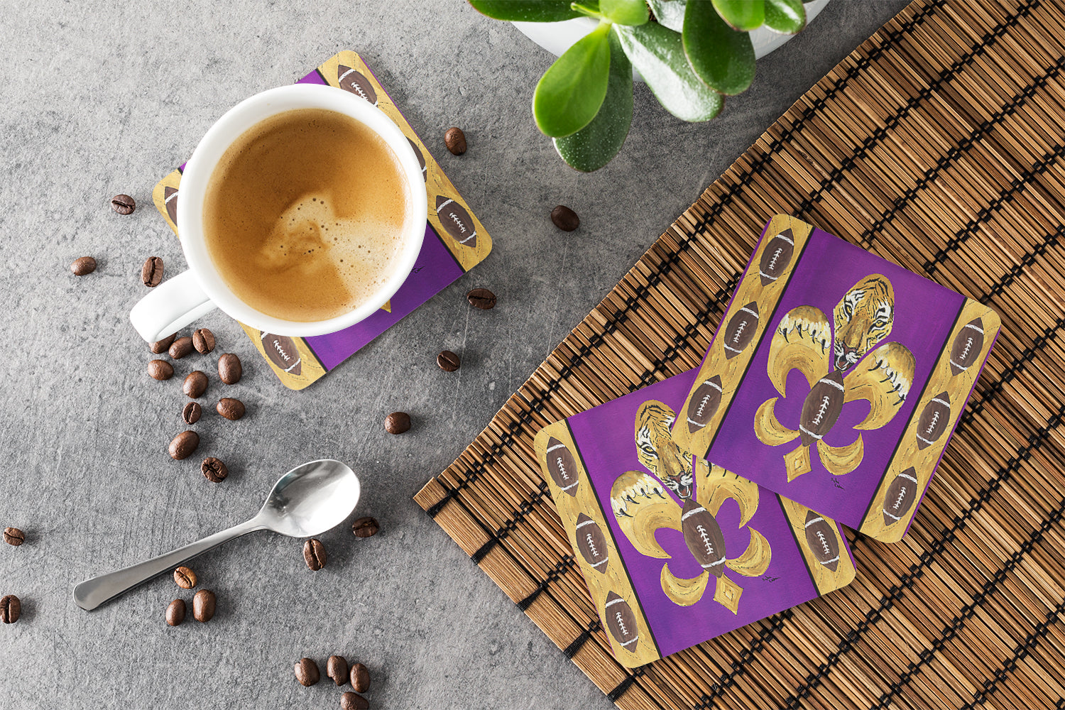Tiger Football Fleur de lis Foam Coasters Set of 4 Cup Coasters for Indoor Outdoor, Tabletop Protection, Anti Slip, Mouse pad Material