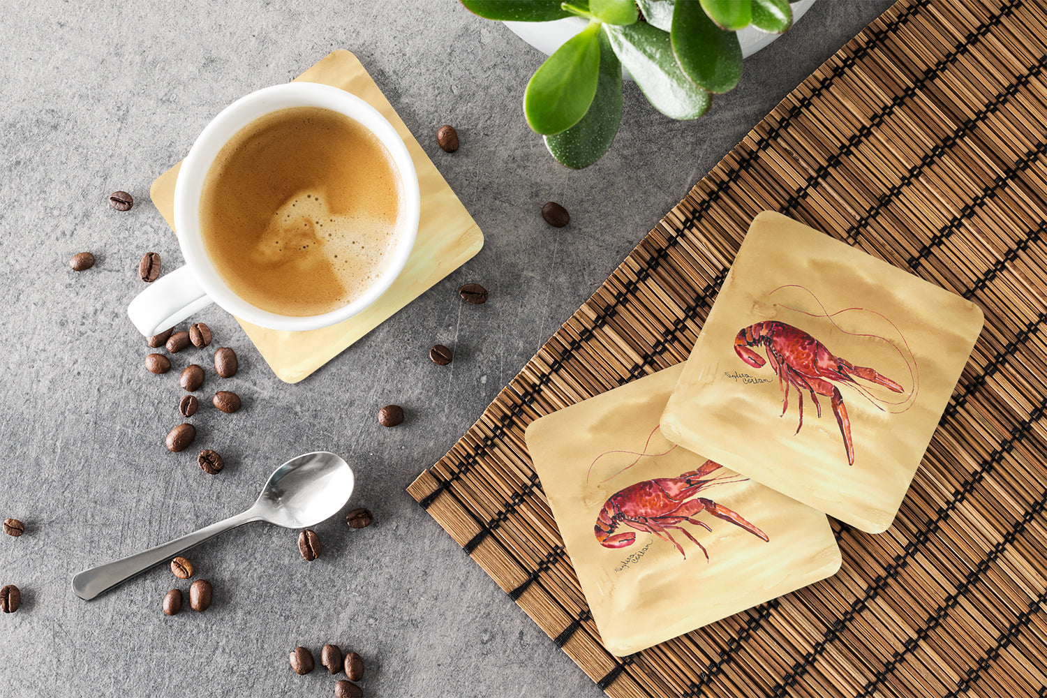 Sandy Beach Crawfish Foam Coasters Set of 4 Cup Coasters for Indoor Outdoor, Tabletop Protection, Anti Slip, Mouse pad Material