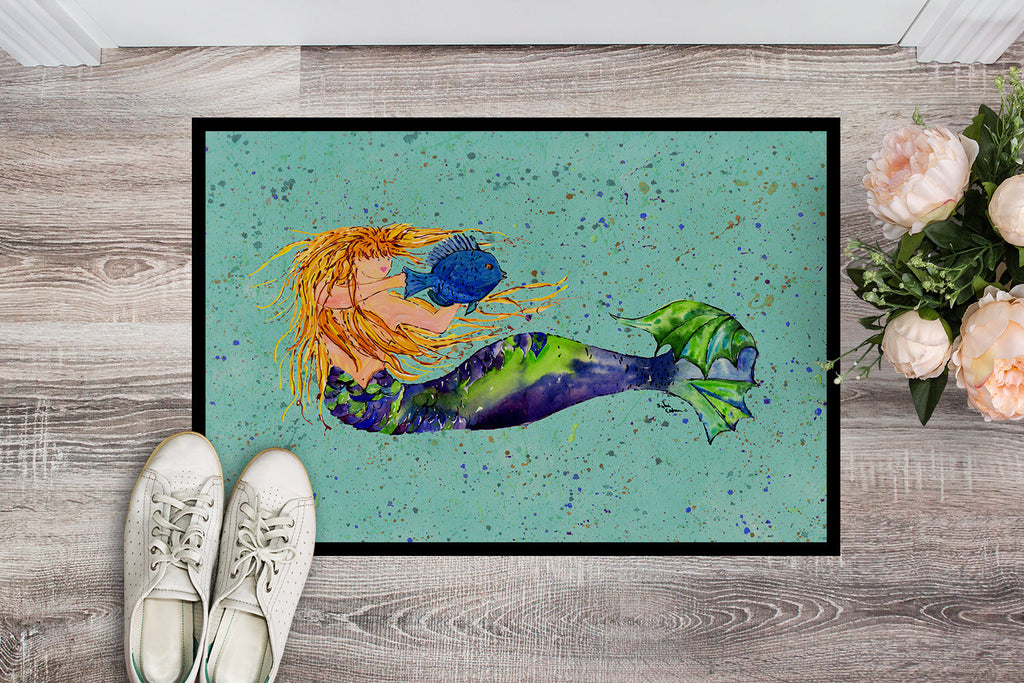Blonde Mermaid on Teal Doormat Indoor Outdoor 24H X 36W Front Door Mat Rugs for Entryway, Non Slip Washable Low Pile,