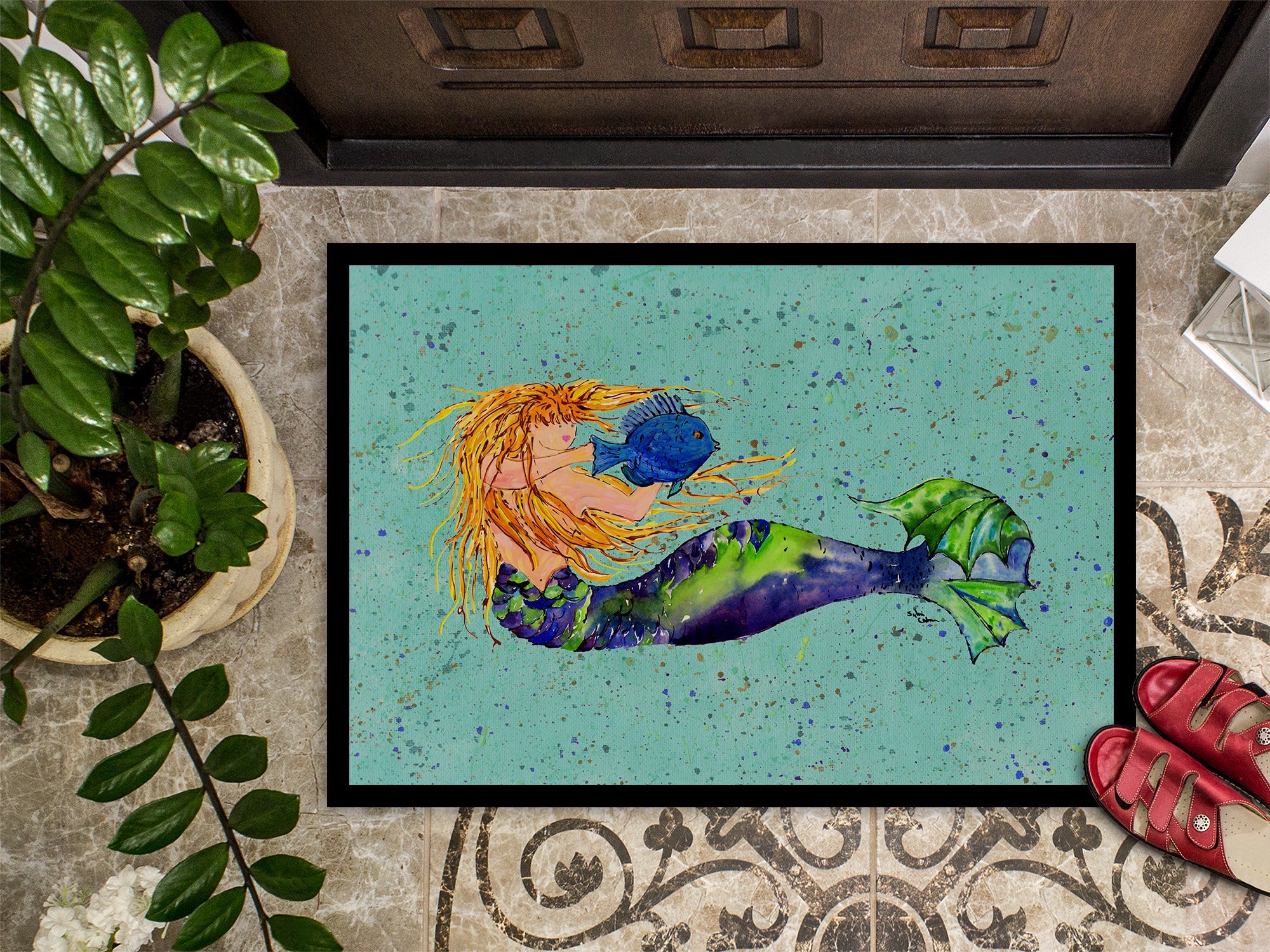 Blonde Mermaid on Teal Doormat Indoor Outdoor 24H X 36W Front Door Mat Rugs for Entryway, Non Slip Washable Low Pile,
