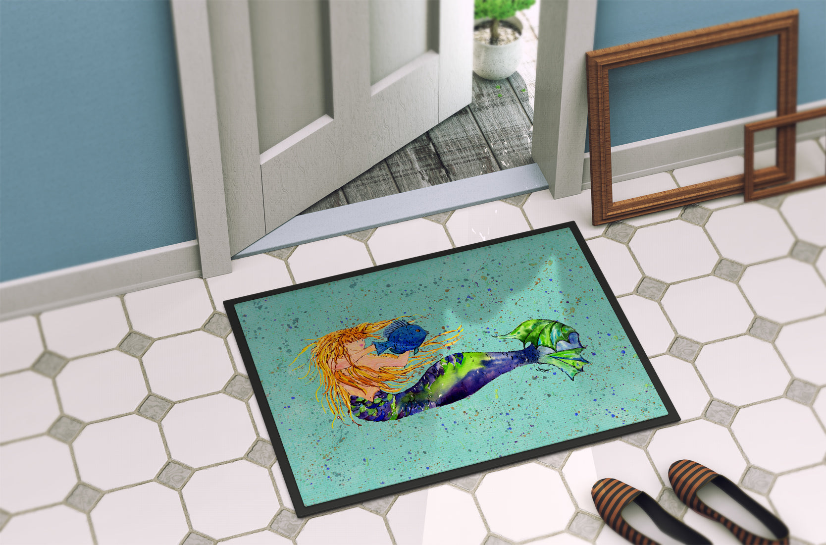 Blonde Mermaid on Teal Doormat Indoor Outdoor 24H X 36W Front Door Mat Rugs for Entryway, Non Slip Washable Low Pile,