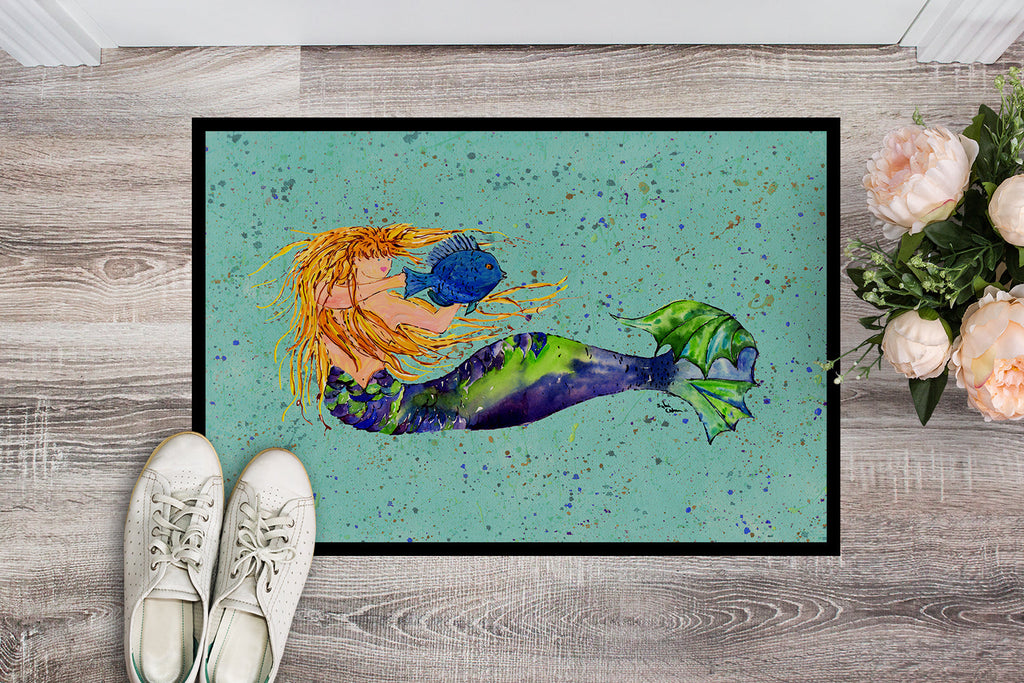 Blonde Mermaid on Teal Doormat Indoor Outdoor 18H X 27W Front Door Mat Rugs for Entryway, Non Slip Washable