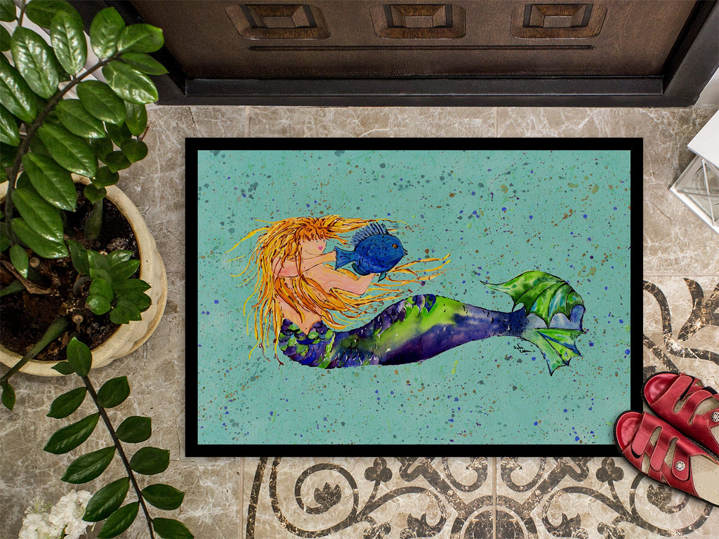 Blonde Mermaid on Teal Doormat Indoor Outdoor 18H X 27W Front Door Mat Rugs for Entryway, Non Slip Washable