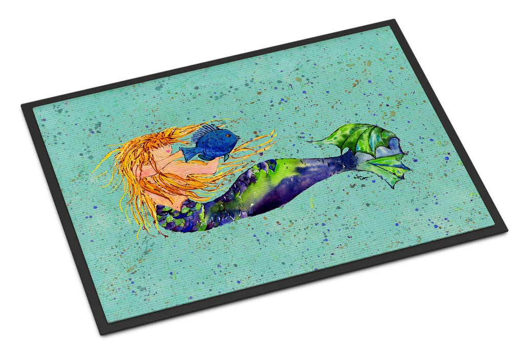 Blonde Mermaid on Teal Doormat Indoor Outdoor 18H X 27W Front Door Mat Rugs for Entryway, Non Slip Washable