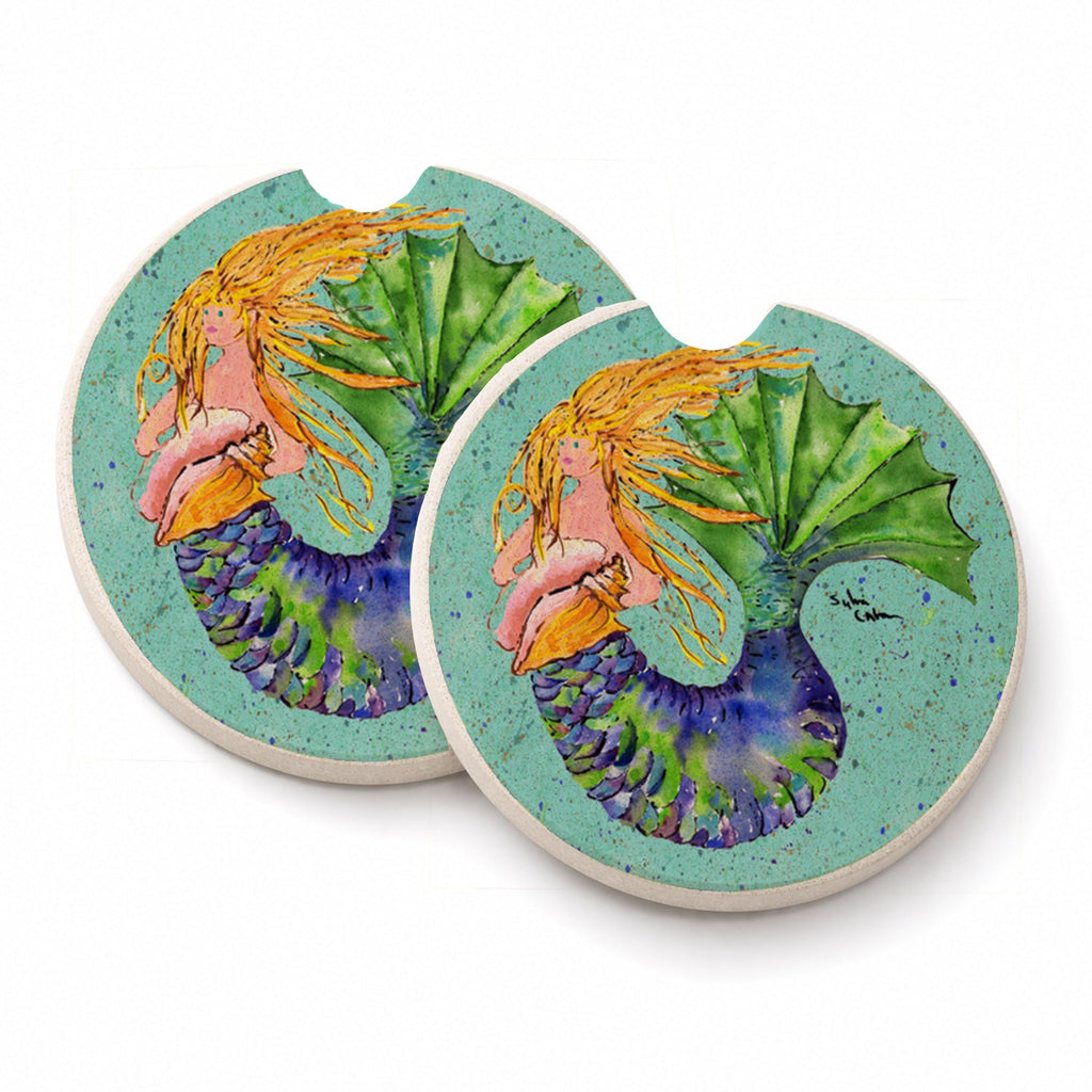 Blonde Mermaid on Teal Set of 2 Cup Holder Car Coasters Absorbent Round Sandstone Coasters Gifts for Men or Women, 2.5, Multicolor
