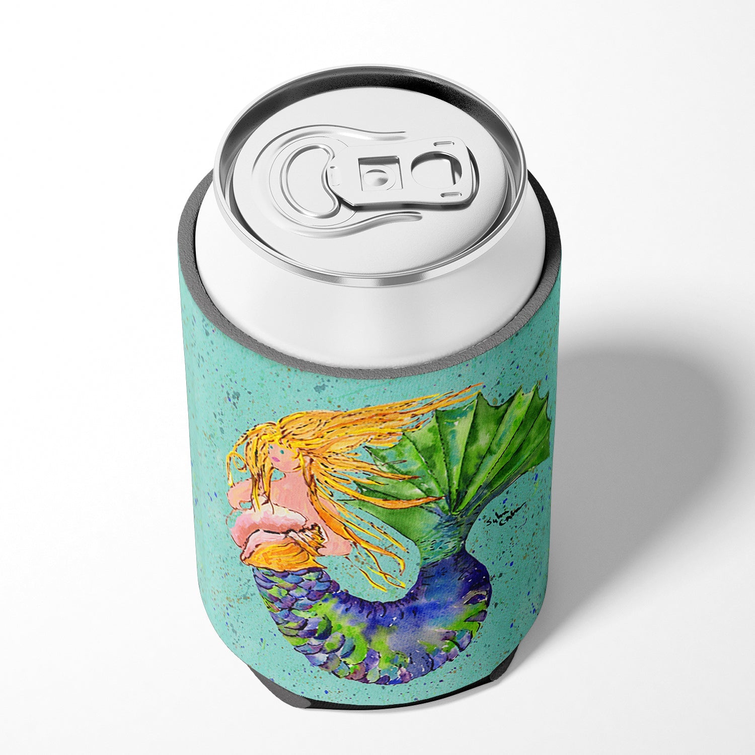 Blonde Mermaid on Teal Can or Bottle Hugger Cooler Sleeve for Standard 12 oz Cans, Insulated Foam Beer & Soda Can Hugger Reusable