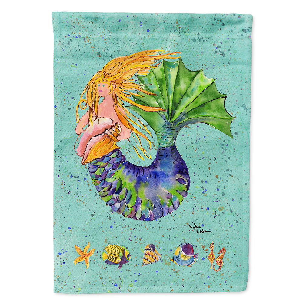 Blonde Mermaid on Teal House Flag 28x40 Porch Sleeve Pole Decorative Outside Yard Banner Artwork Wall Hanging, Polyester