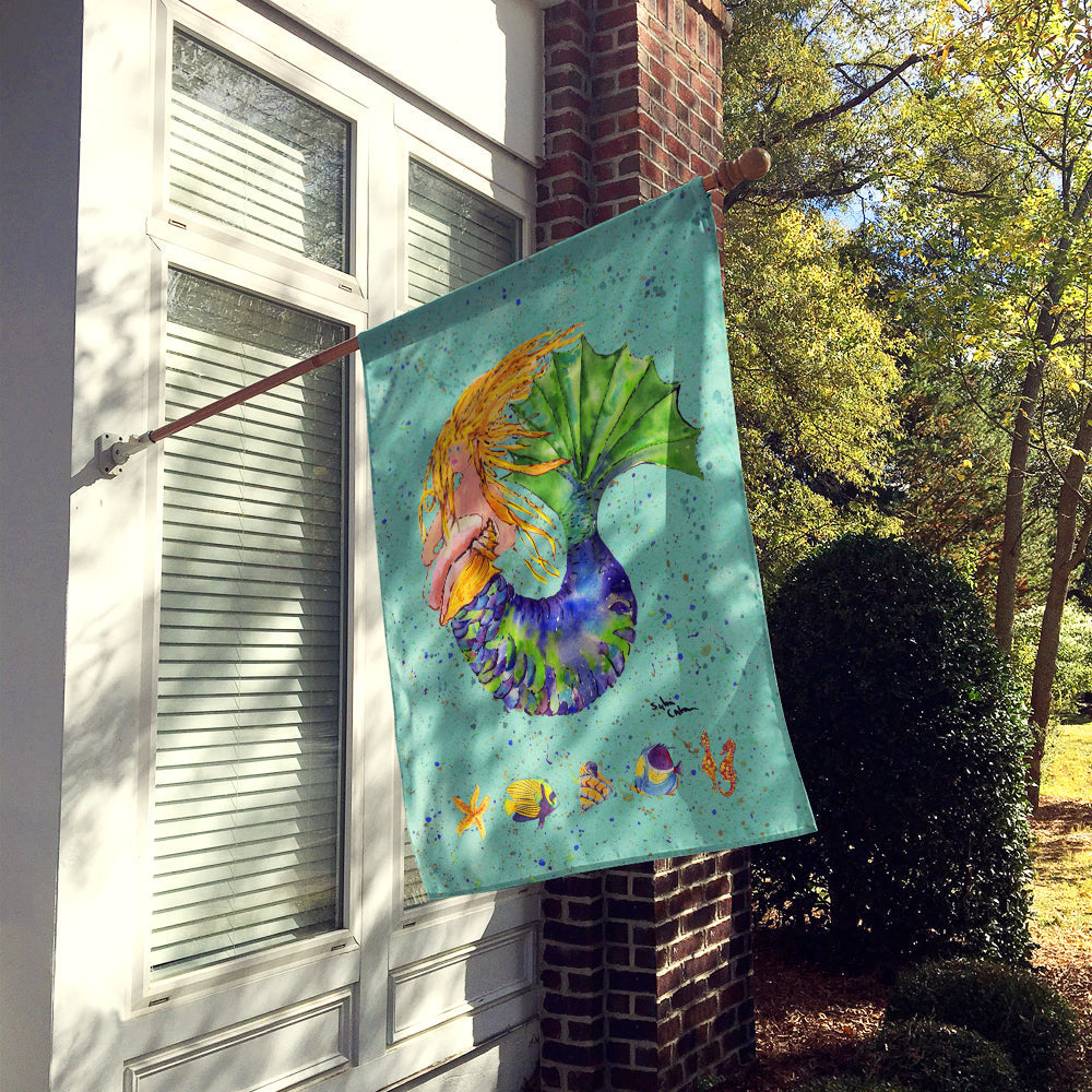 Blonde Mermaid on Teal House Flag 28x40 Porch Sleeve Pole Decorative Outside Yard Banner Artwork Wall Hanging, Polyester