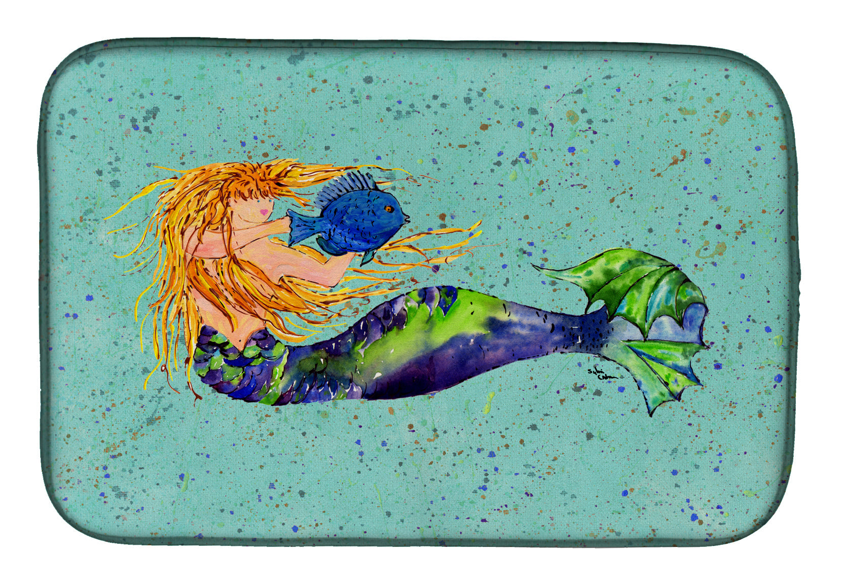Blonde Mermaid on Teal Dish Drying Mat Absorbent Dish Drying Mat Pad for Kitchen Counter Dish Drainer Mat for Countertop, 14 x 21", Multicolor