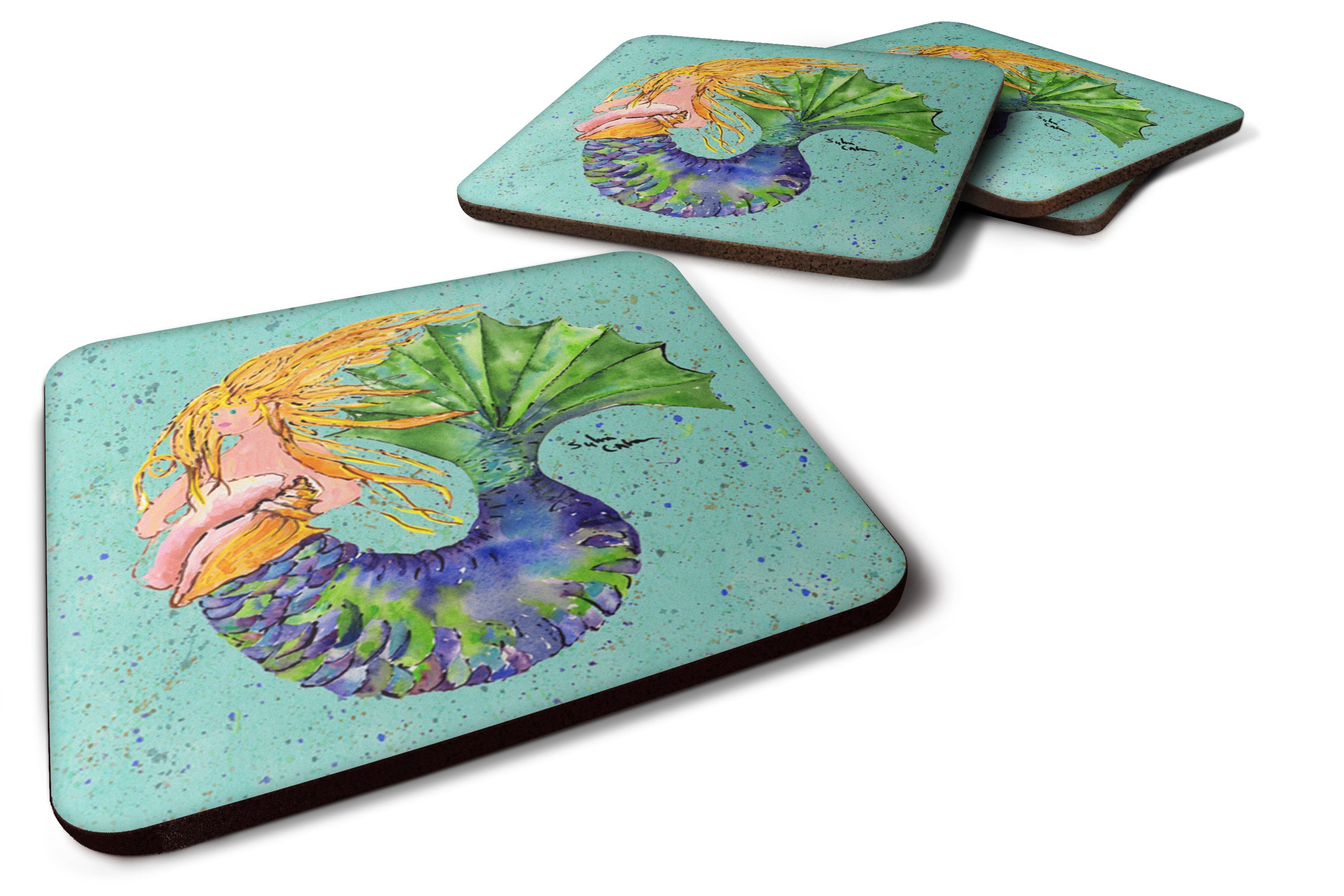 Blonde Mermaid on Teal Foam Coasters Set of 4 Cup Coasters for Indoor Outdoor, Tabletop Protection, Anti Slip, Mouse pad Material