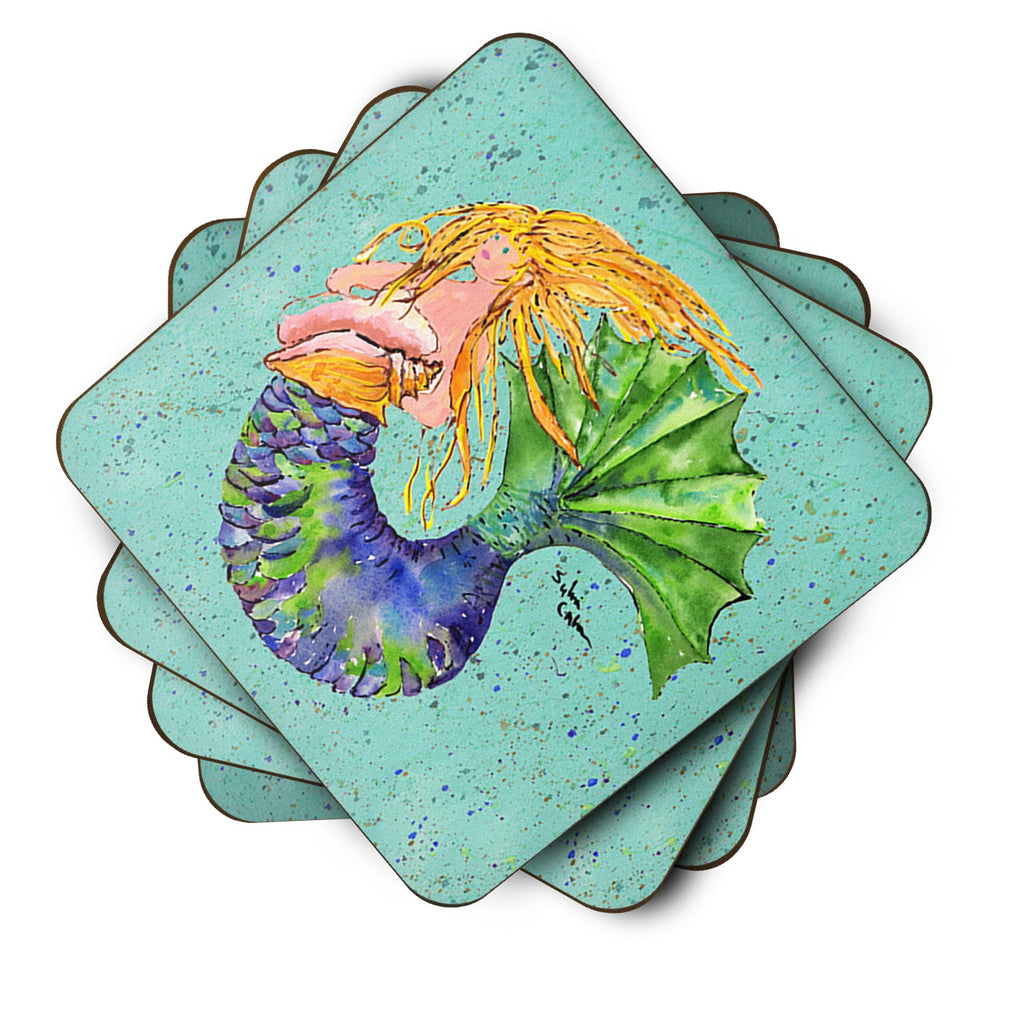 Blonde Mermaid on Teal Foam Coasters Set of 4 Cup Coasters for Indoor Outdoor, Tabletop Protection, Anti Slip, Mouse pad Material
