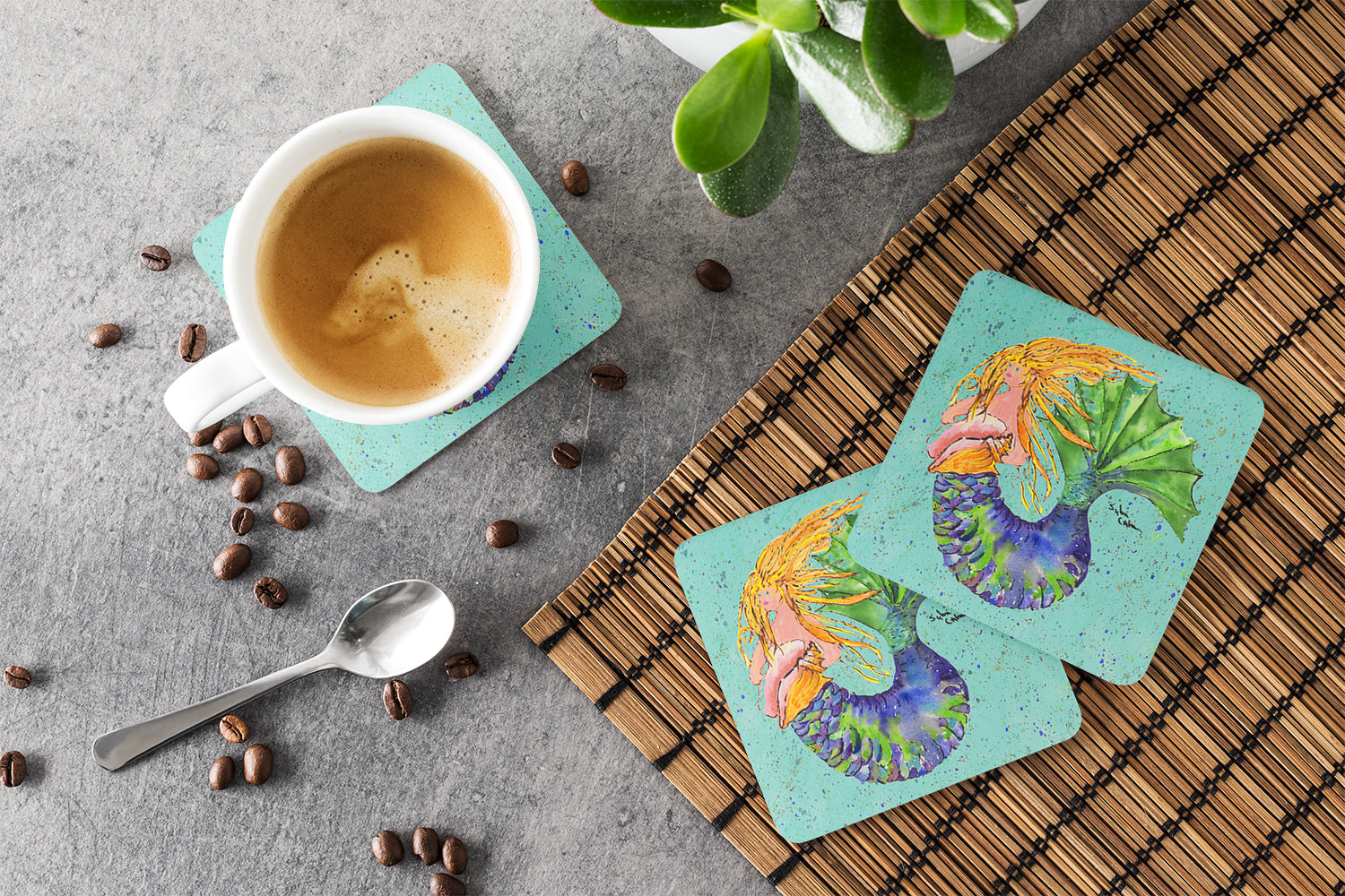 Blonde Mermaid on Teal Foam Coasters Set of 4 Cup Coasters for Indoor Outdoor, Tabletop Protection, Anti Slip, Mouse pad Material