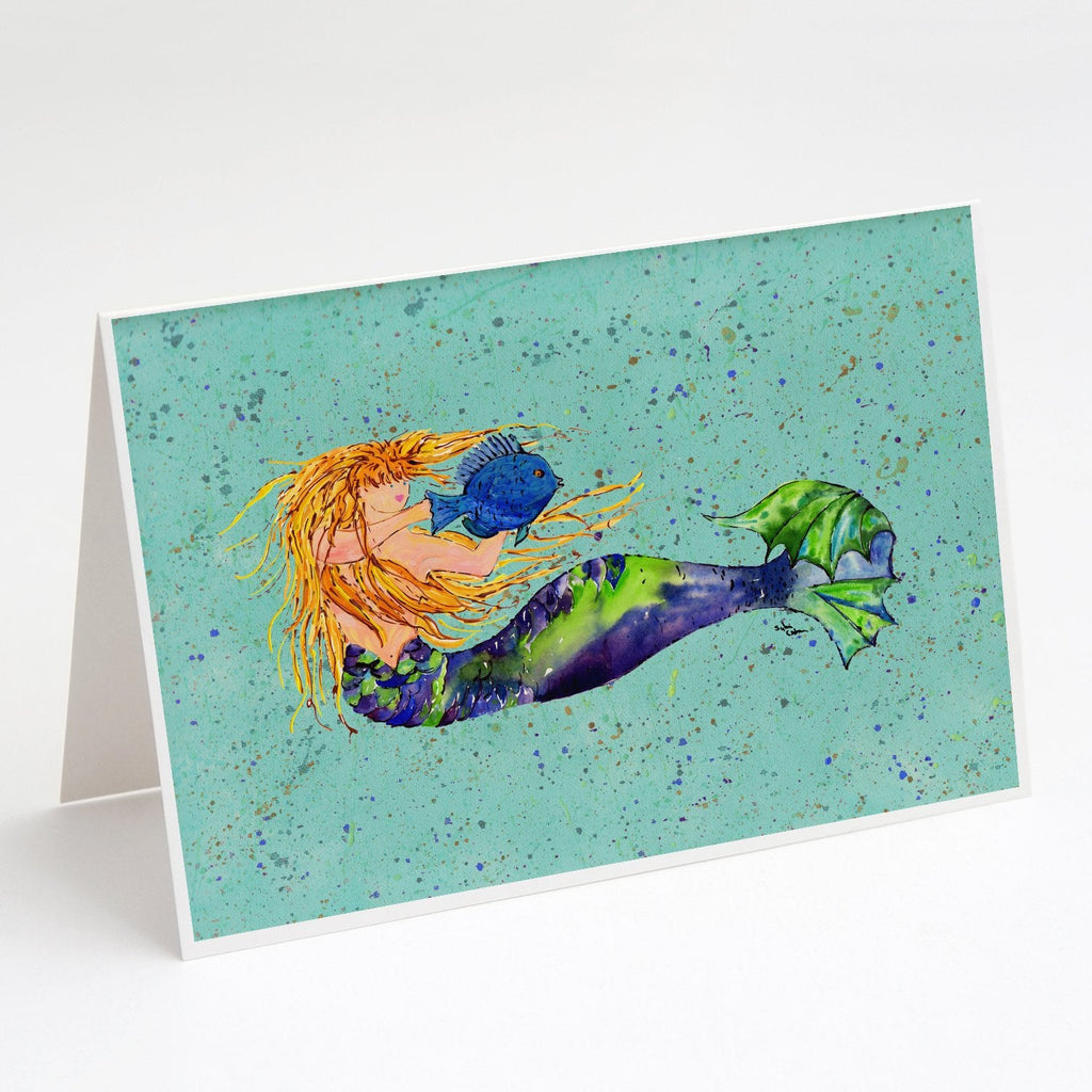 Blonde Mermaid on Teal Greeting Cards Pack of 8 Blank Cards with Envelopes Whimsical A7 Size 5x7
