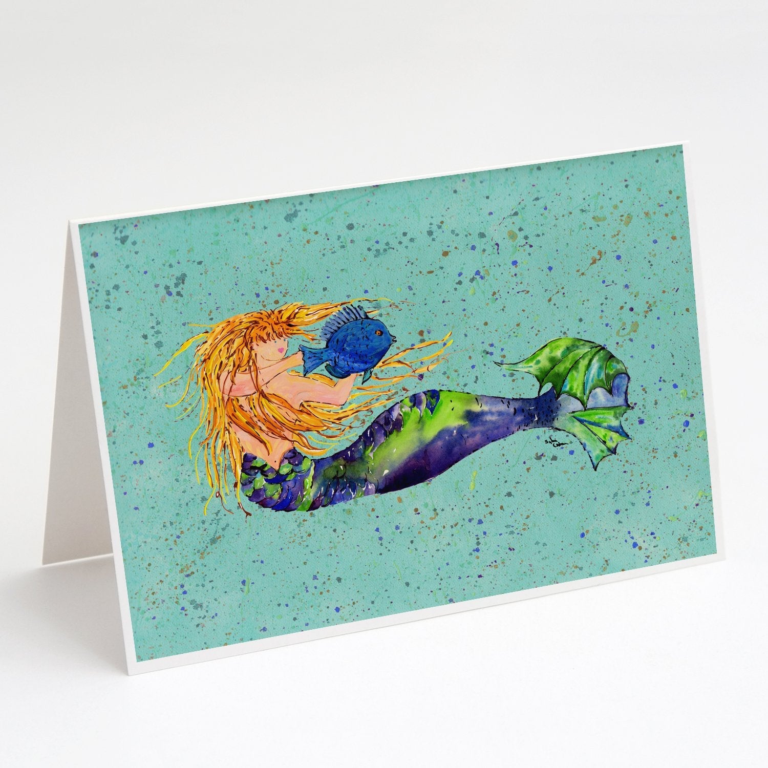 Blonde Mermaid on Teal Greeting Cards Pack of 8 Blank Cards with Envelopes Whimsical A7 Size 5x7