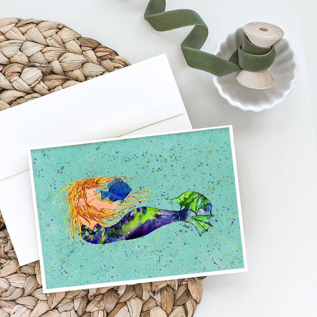 Blonde Mermaid on Teal Greeting Cards Pack of 8 Blank Cards with Envelopes Whimsical A7 Size 5x7