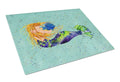 Blonde Mermaid on Teal Cutting Board Tempered Glass Kitchen Cutting Surface, Heat Resistant Chopping, Non-Slip Feet, Food Prep & Serving