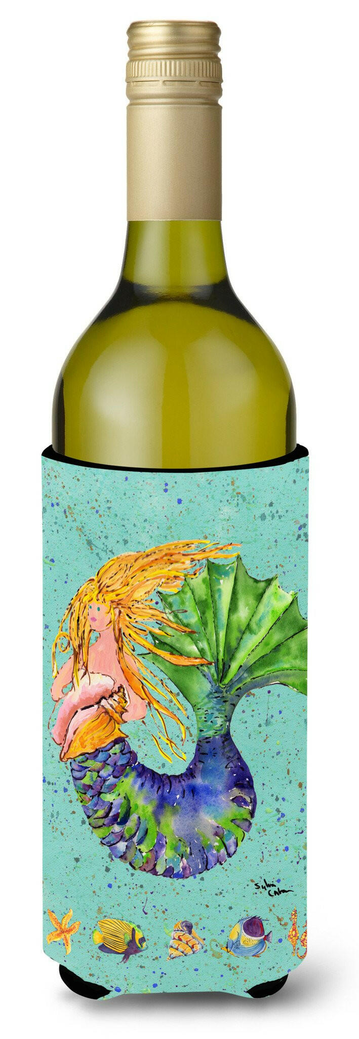 Blonde Mermaid on Teal Wine Bottle Hugger Gift Sleeve for Standard 750 ml Bottles, Insulated Reusable Also Fits Mini Shot & Pint Bottles
