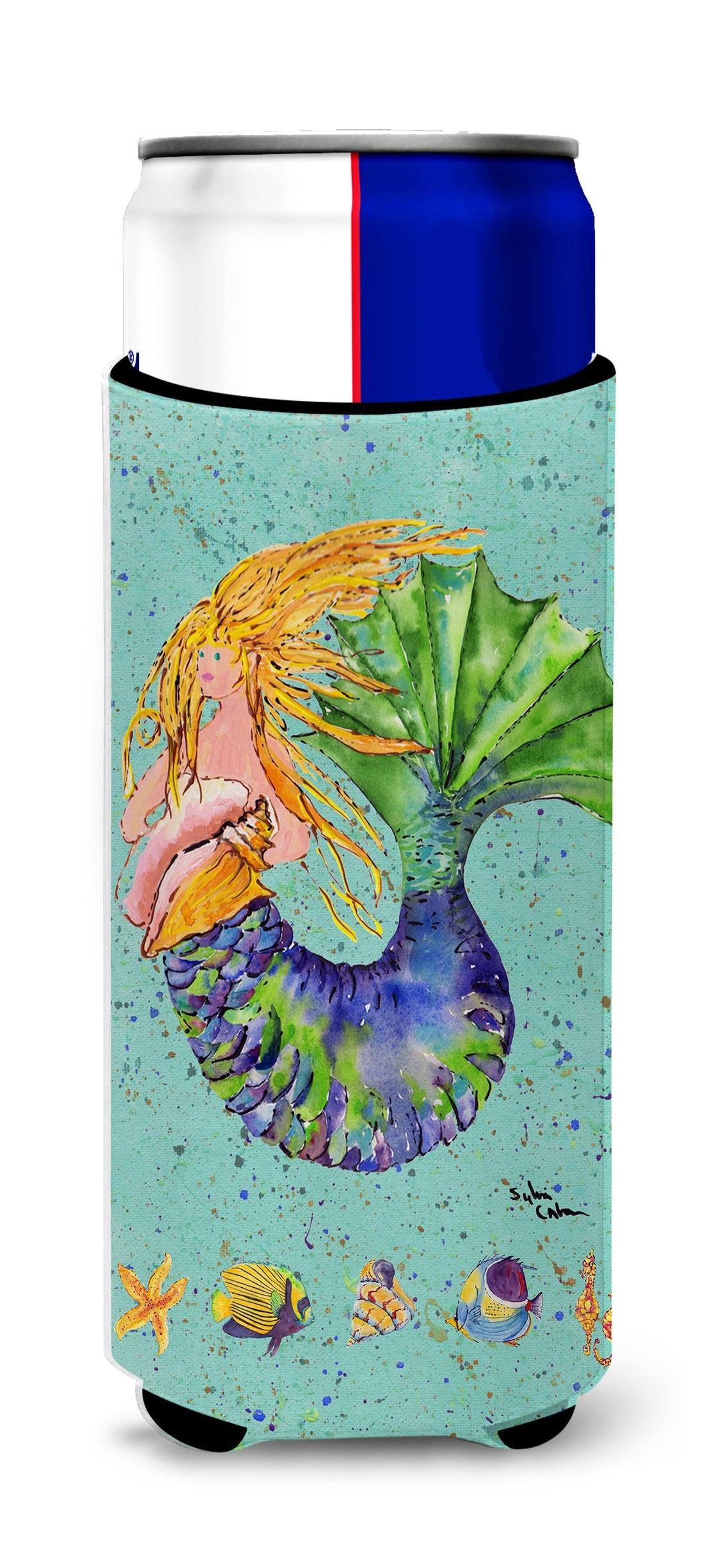 Blonde Mermaid on Teal Slim Can Hugger , Insulated Foam Hugger for 12 oz Slim Cans, Beer Bottles & Water Bottles, Printed in USA