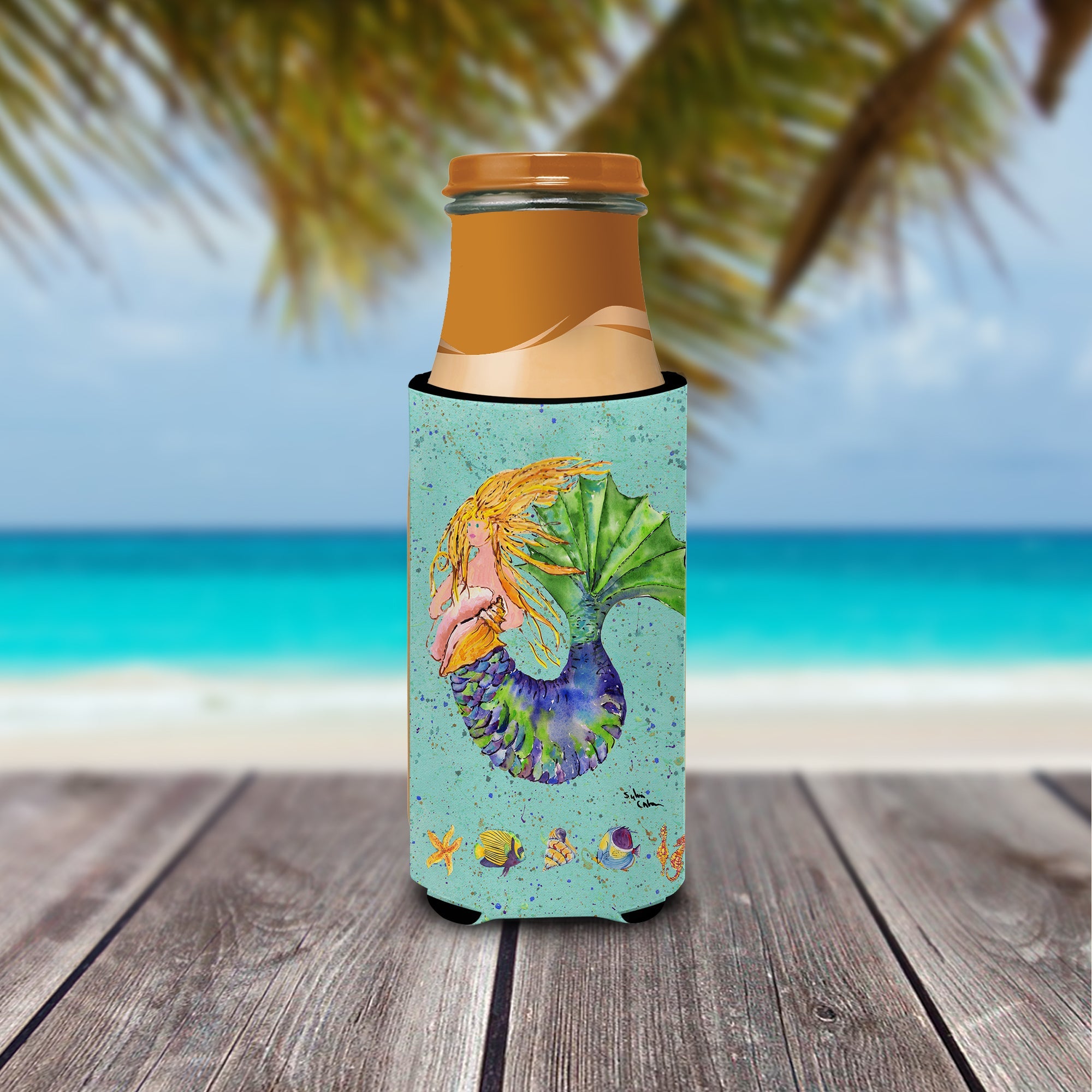 Blonde Mermaid on Teal Slim Can Hugger , Insulated Foam Hugger for 12 oz Slim Cans, Beer Bottles & Water Bottles, Printed in USA