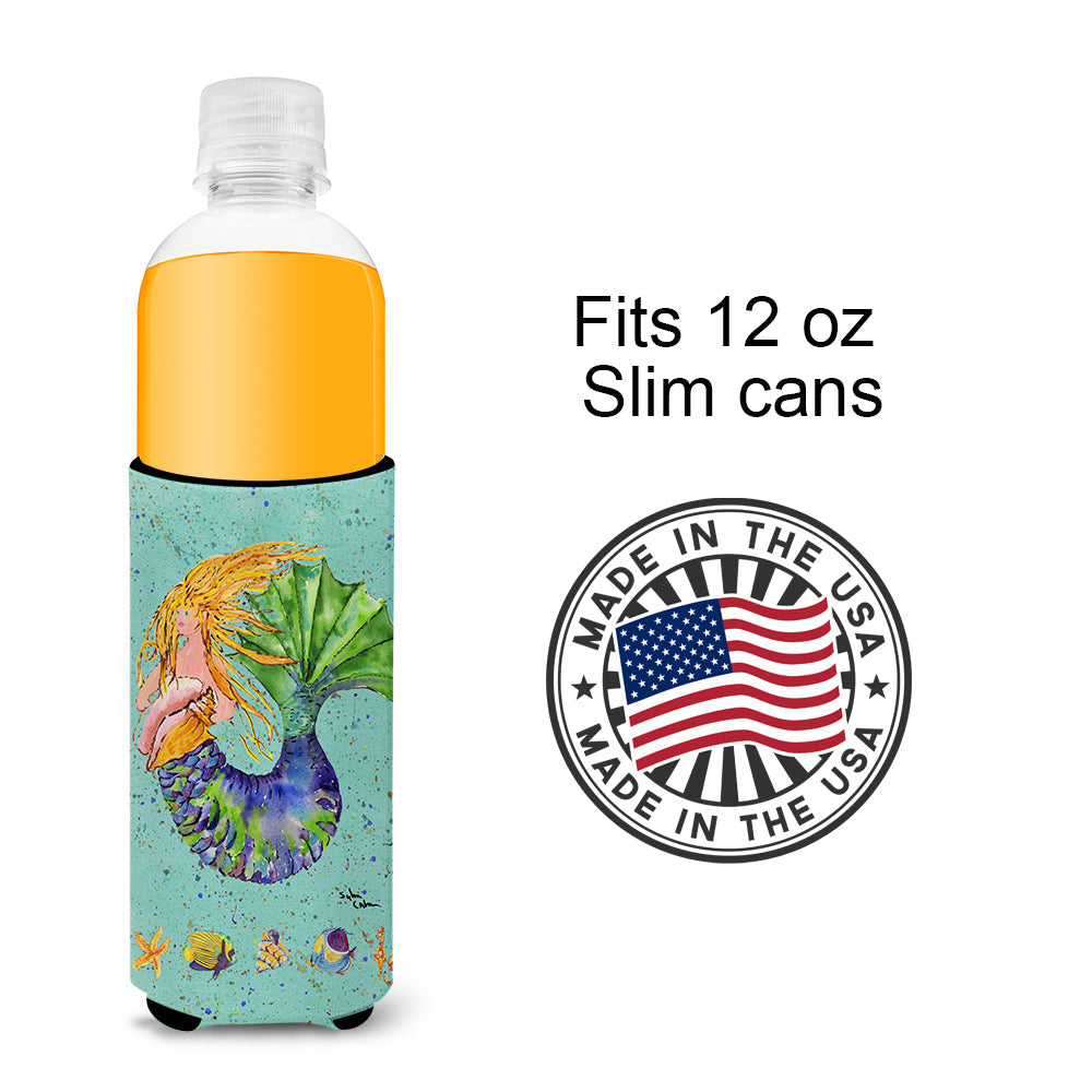 Blonde Mermaid on Teal Slim Can Hugger , Insulated Foam Hugger for 12 oz Slim Cans, Beer Bottles & Water Bottles, Printed in USA