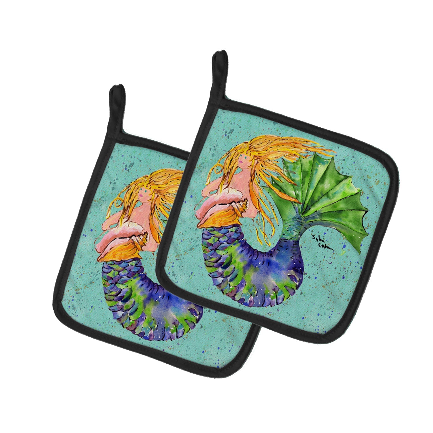 Blonde Mermaid on Teal Pot Holder Set of 2 Heat Resistant Quilted Hot Pads 7.5 x 7.5 Inch, Insulated Kitchen Trivets for Cooking & Baking