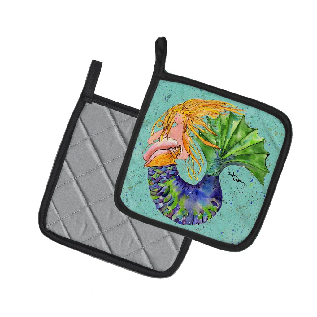 Blonde Mermaid on Teal Pot Holder Set of 2 Heat Resistant Quilted Hot Pads 7.5 x 7.5 Inch, Insulated Kitchen Trivets for Cooking & Baking
