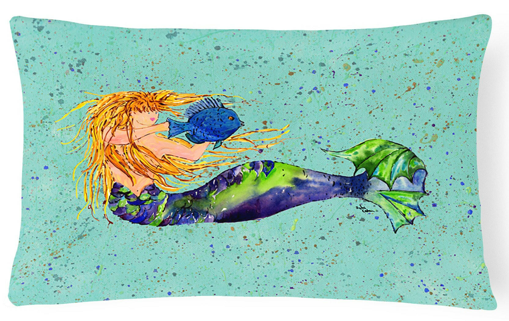 Blonde Mermaid on Teal Decorative Throw Pillow 12x16 Indoor Outdoor Accent Cushion, Fabric Cover with Insert for Sofa, Bed, Porch & Living Room