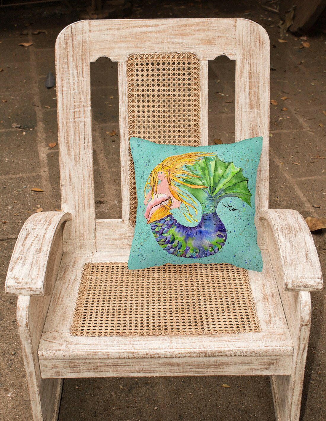 Blonde Mermaid on Teal Decorative Throw Pillow 14x14 Indoor Outdoor Accent Cushion, Fabric Cover with Insert for Sofa, Bed, Porch & Living Room