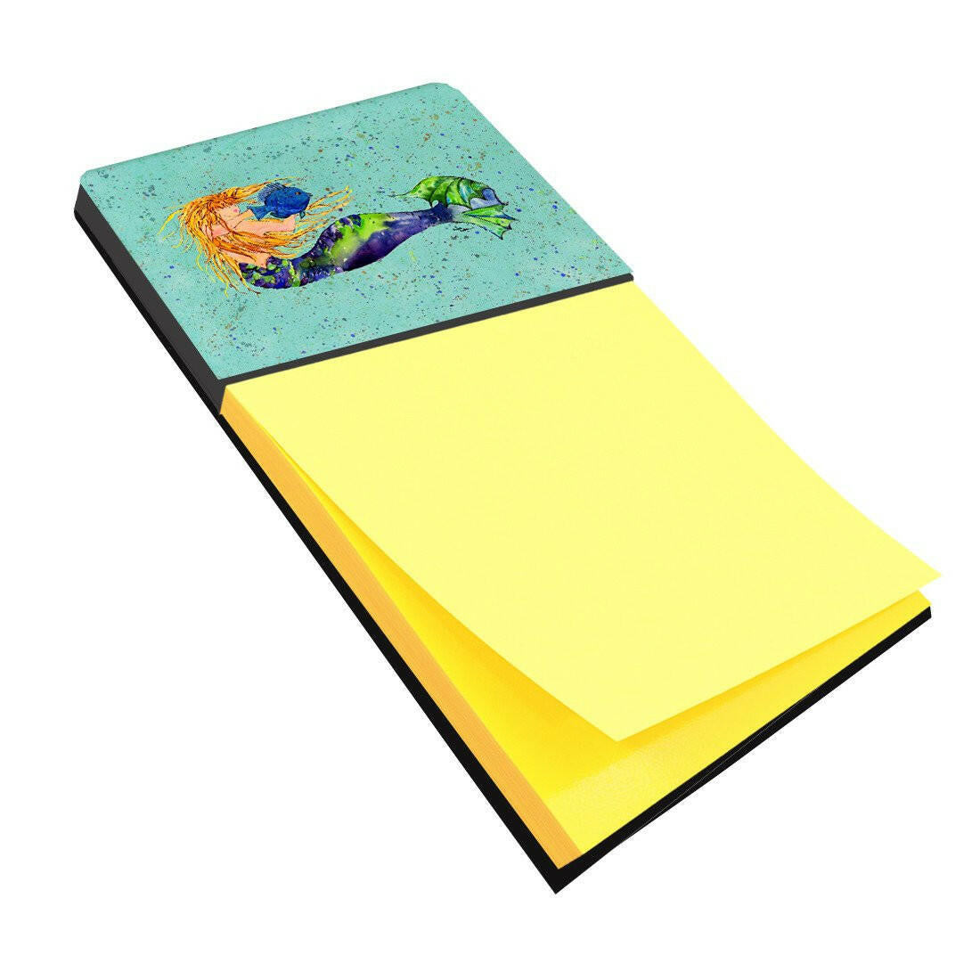 Blonde Mermaid on Teal Watercolor Sticky Note Holder Refillable Dispenser Desk Accessory 3x3 Pad Gift