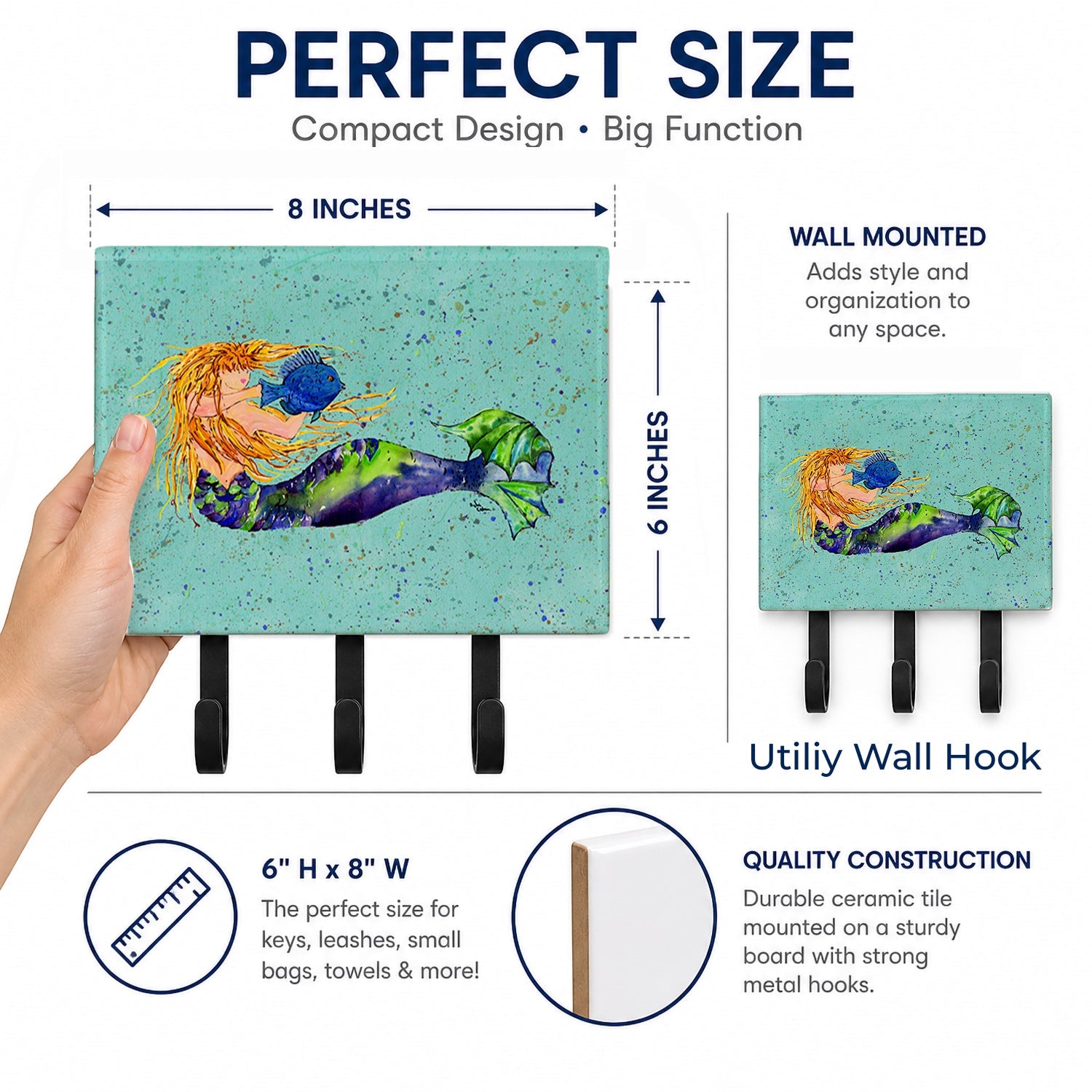 Blonde Mermaid on Teal Leash or Key Holder Wall Hooks, Coat Rack Wall Mount, for Hanging Keys, Towels, Aprons, Leashes