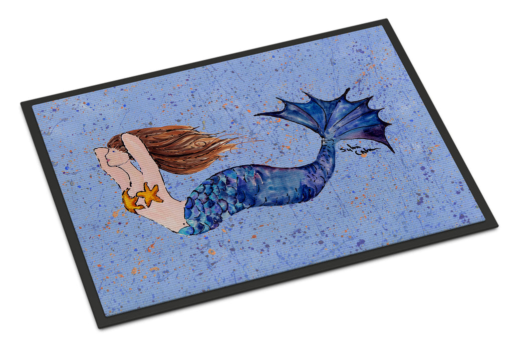Brown Headed Mermaid on Blue Doormat Indoor Outdoor 24H X 36W Front Door Mat Rugs for Entryway, Non Slip Washable Low Pile,