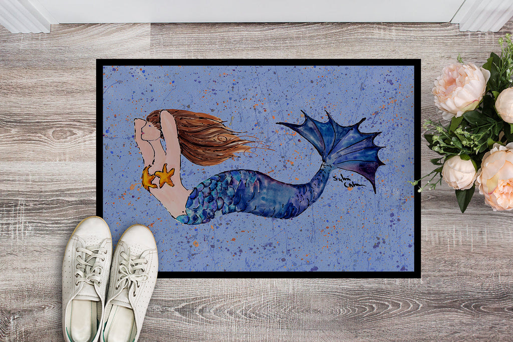 Brown Headed Mermaid on Blue Doormat Indoor Outdoor 24H X 36W Front Door Mat Rugs for Entryway, Non Slip Washable Low Pile,