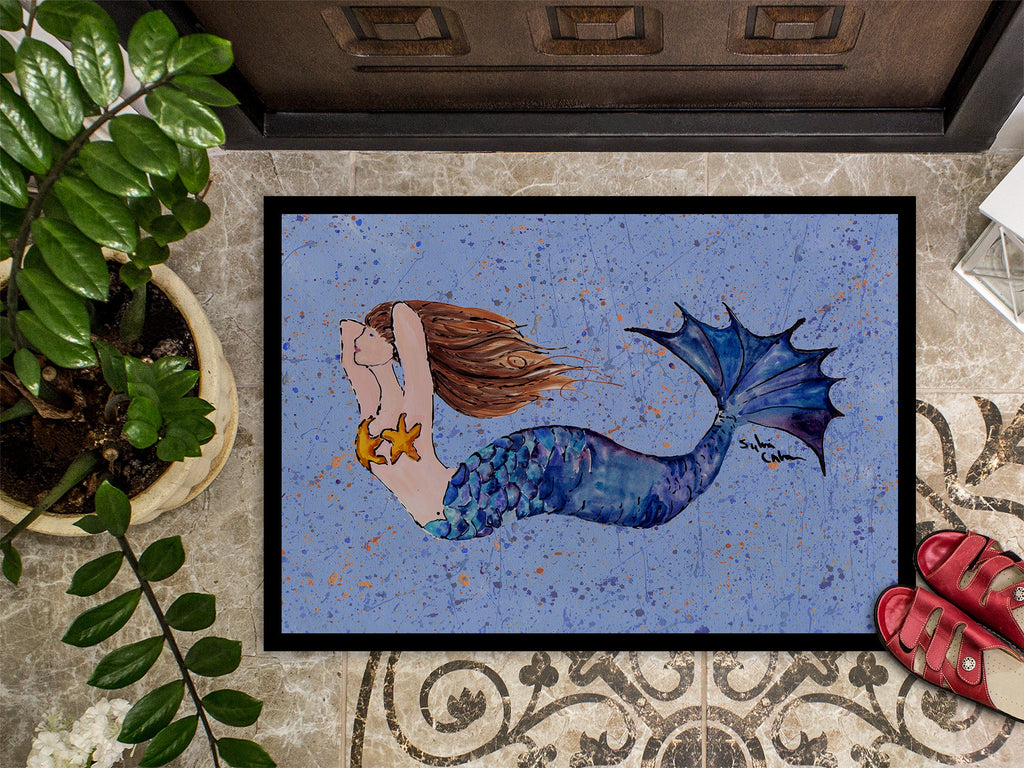 Brown Headed Mermaid on Blue Doormat Indoor Outdoor 24H X 36W Front Door Mat Rugs for Entryway, Non Slip Washable Low Pile,
