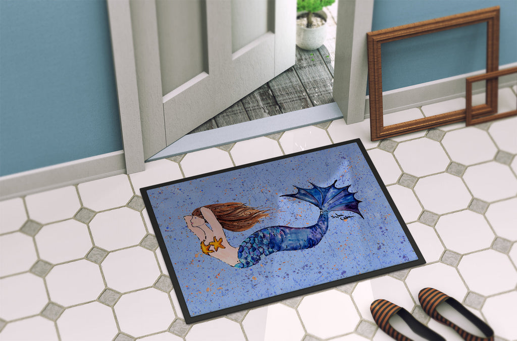 Brown Headed Mermaid on Blue Doormat Indoor Outdoor 24H X 36W Front Door Mat Rugs for Entryway, Non Slip Washable Low Pile,
