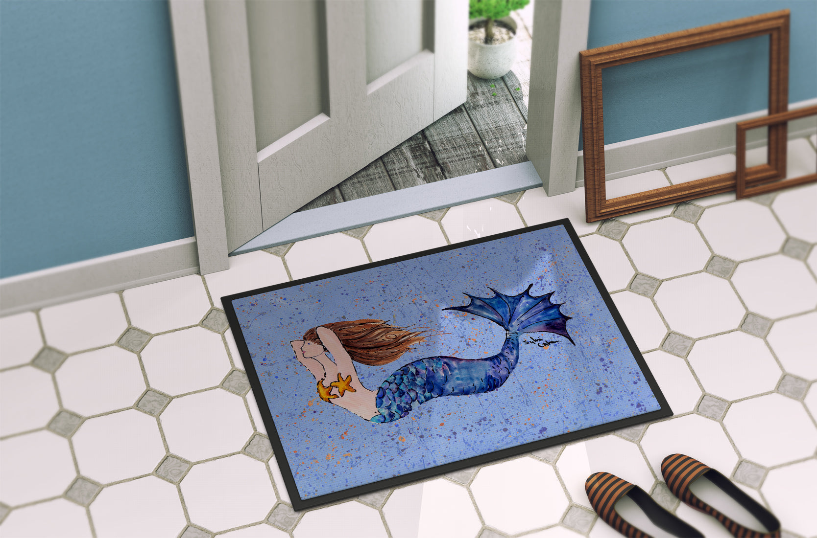Brown Headed Mermaid on Blue Doormat Indoor Outdoor 24H X 36W Front Door Mat Rugs for Entryway, Non Slip Washable Low Pile,
