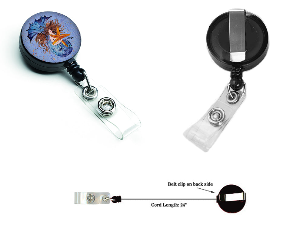 Brown Headed Mermaid on Blue Retractable Badge Reel for Nurses ID Badge Holder with Clip Retractable Employee Badge Holder, Belt Clip