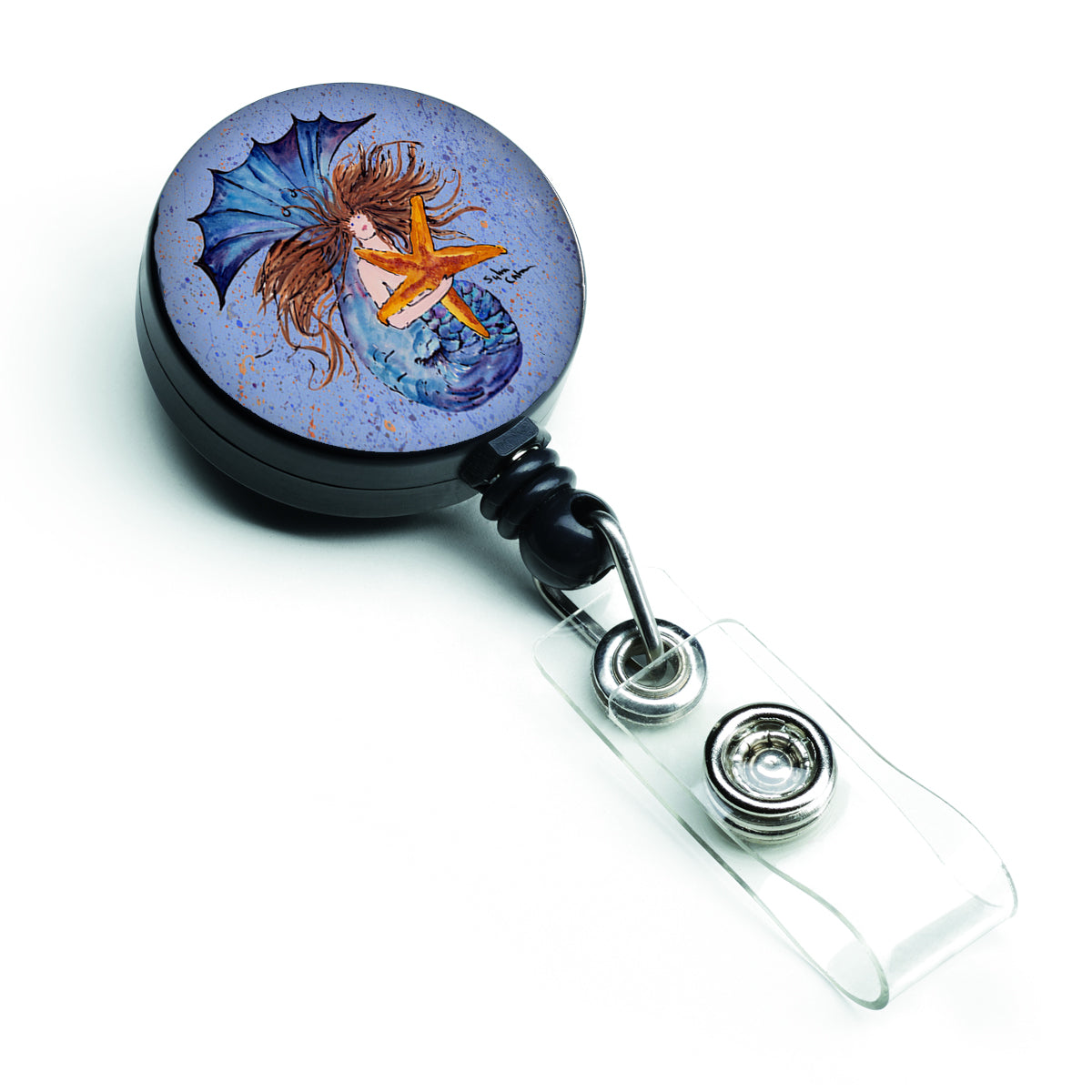 Brown Headed Mermaid on Blue Retractable Badge Reel for Nurses ID Badge Holder with Clip Retractable Employee Badge Holder, Belt Clip