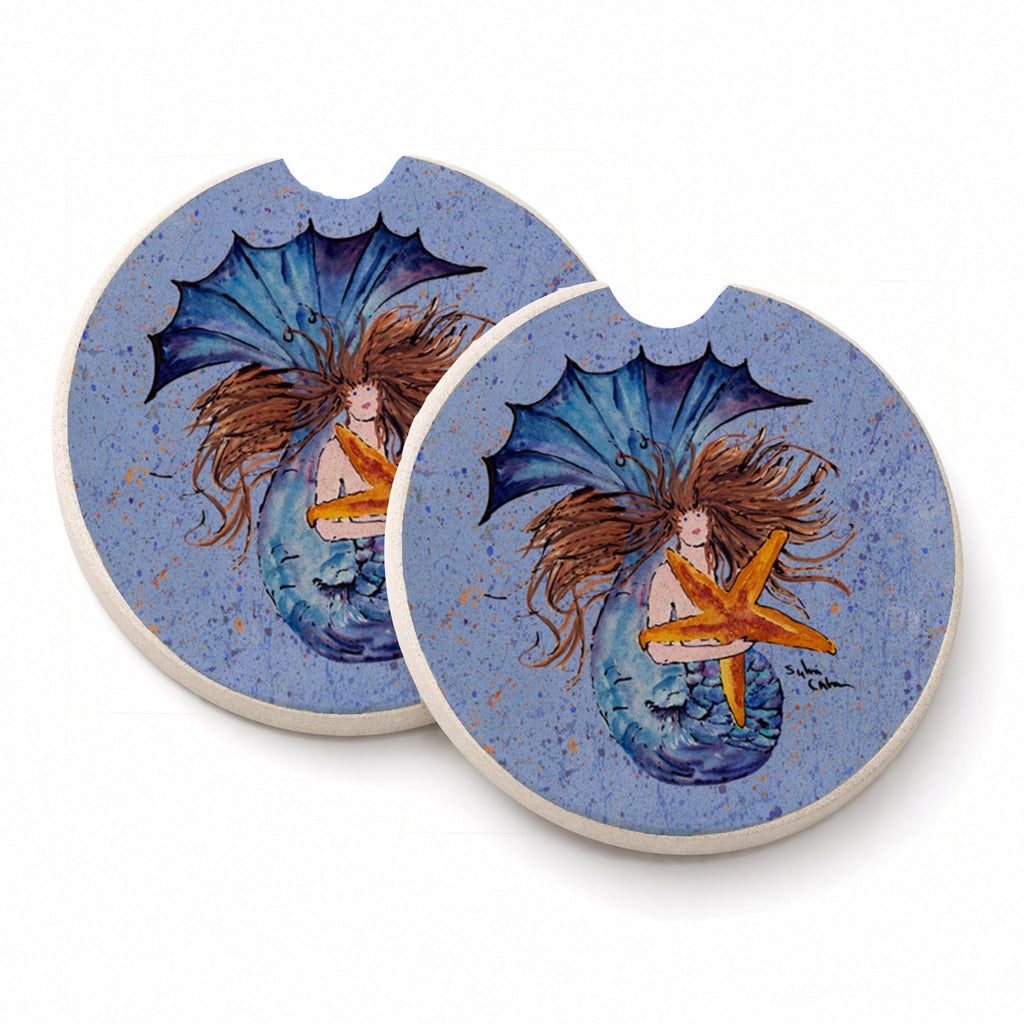 Brown Headed Mermaid on Blue Set of 2 Cup Holder Car Coasters Absorbent Round Sandstone Coasters Gifts for Men or Women, 2.5, Multicolor