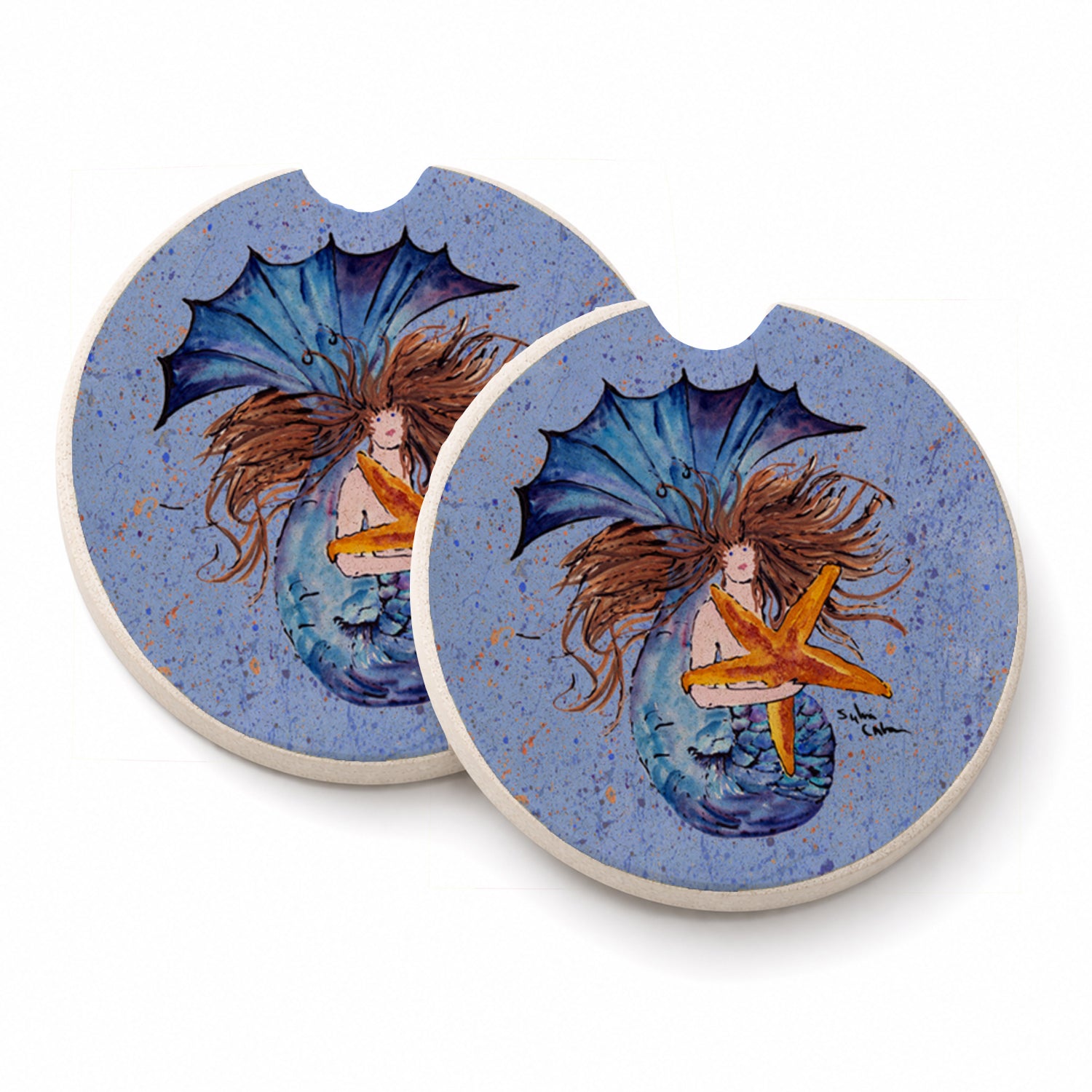 Brown Headed Mermaid on Blue Set of 2 Cup Holder Car Coasters Absorbent Round Sandstone Coasters Gifts for Men or Women, 2.5, Multicolor