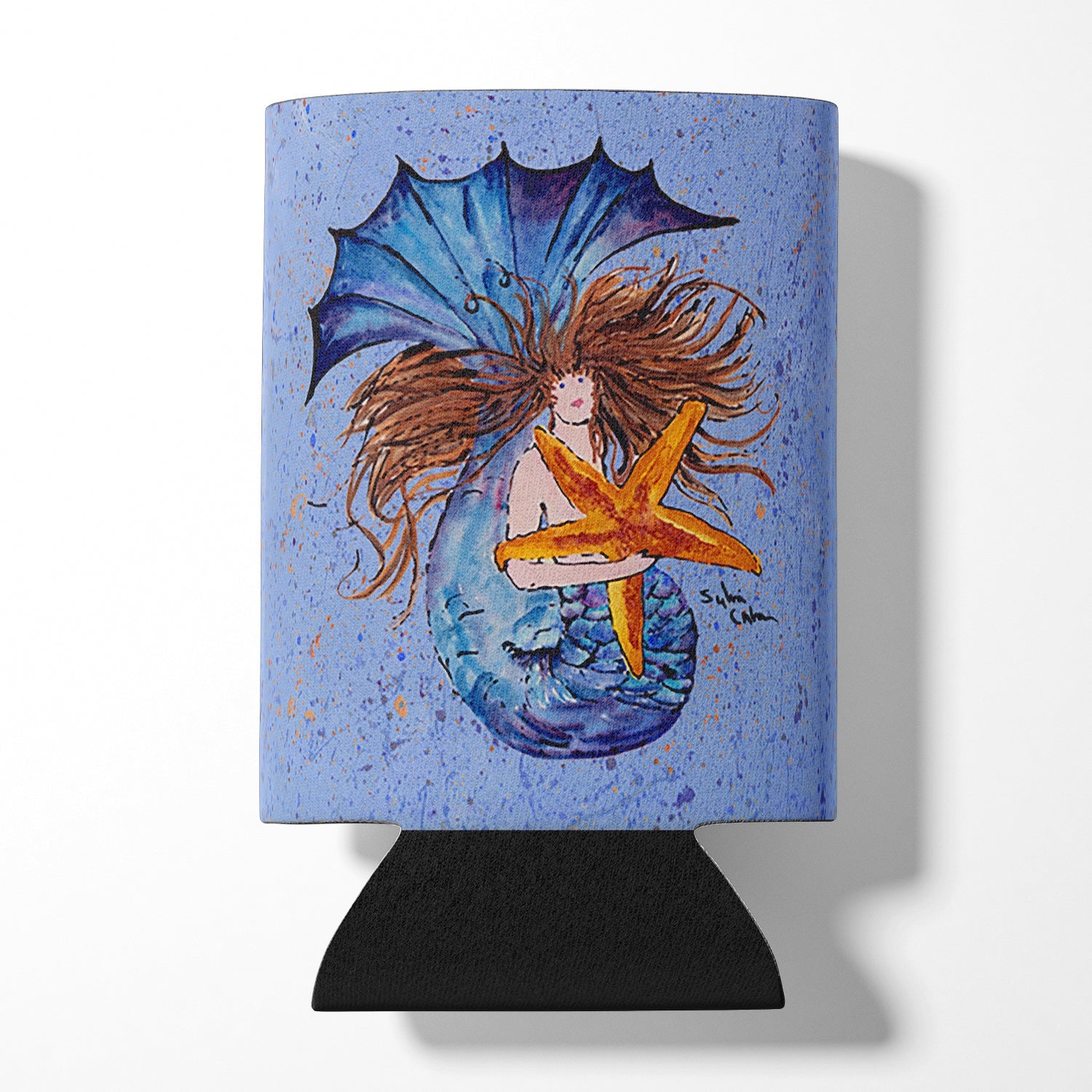 Brown Headed Mermaid on Blue Can or Bottle Hugger Cooler Sleeve for Standard 12 oz Cans, Insulated Foam Beer & Soda Can Hugger Reusable