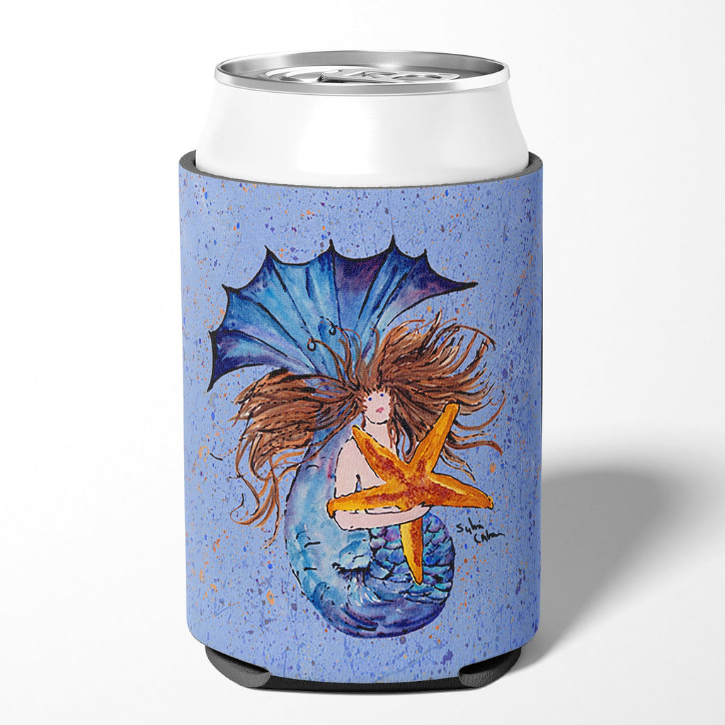 Brown Headed Mermaid on Blue Can or Bottle Hugger Cooler Sleeve for Standard 12 oz Cans, Insulated Foam Beer & Soda Can Hugger Reusable