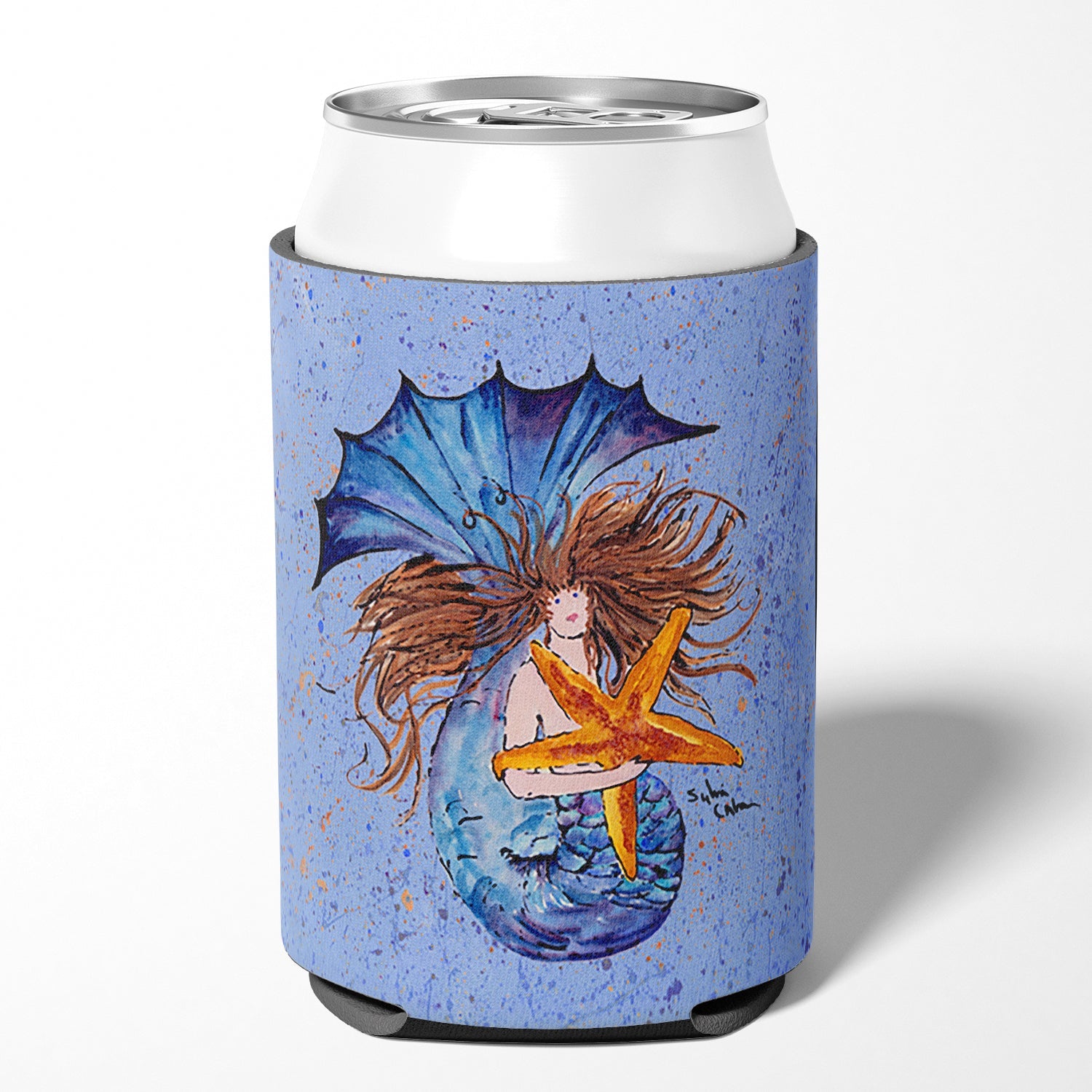 Brown Headed Mermaid on Blue Can or Bottle Hugger Cooler Sleeve for Standard 12 oz Cans, Insulated Foam Beer & Soda Can Hugger Reusable