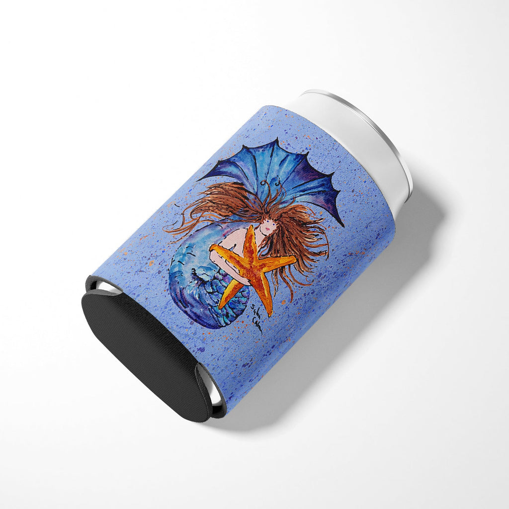 Brown Headed Mermaid on Blue Can or Bottle Hugger Cooler Sleeve for Standard 12 oz Cans, Insulated Foam Beer & Soda Can Hugger Reusable