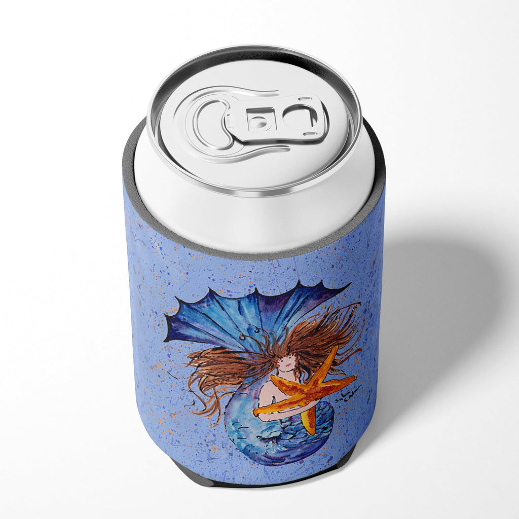 Brown Headed Mermaid on Blue Can or Bottle Hugger Cooler Sleeve for Standard 12 oz Cans, Insulated Foam Beer & Soda Can Hugger Reusable